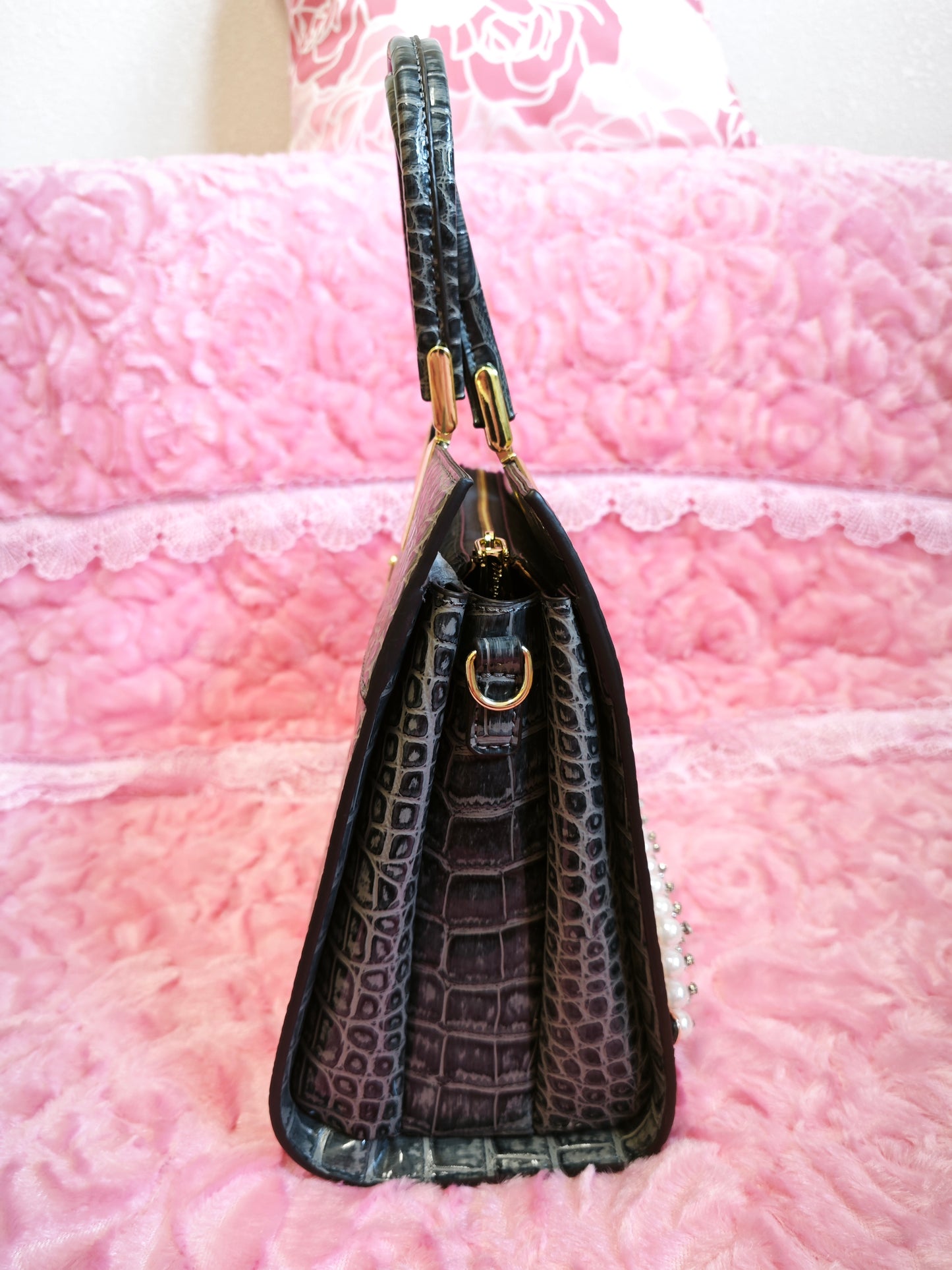 Black Croc Gilded Pearl-Crystal Bag