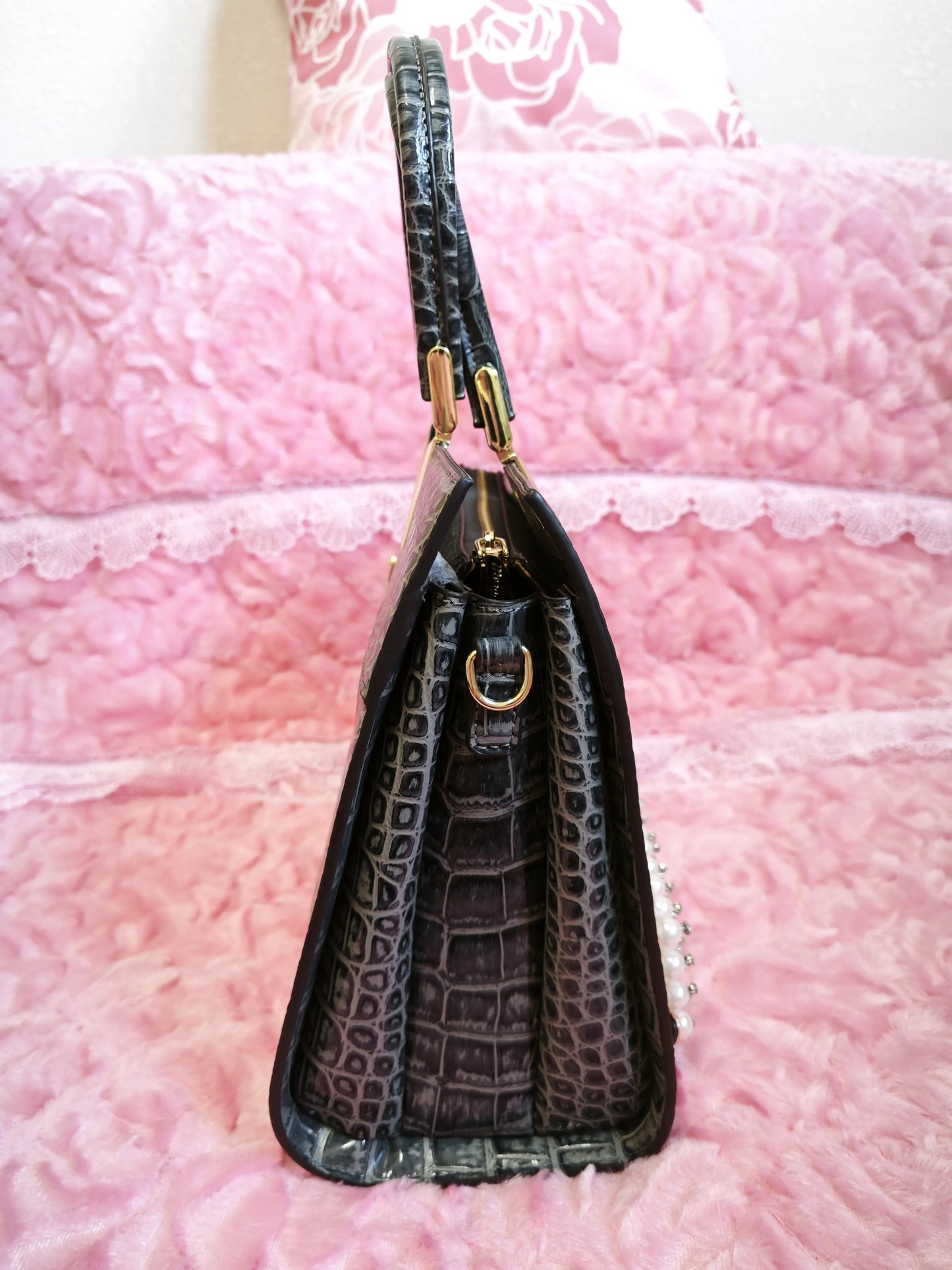 Ink-Grey Croc Gilded Pearl-Crystal Bag (M07)