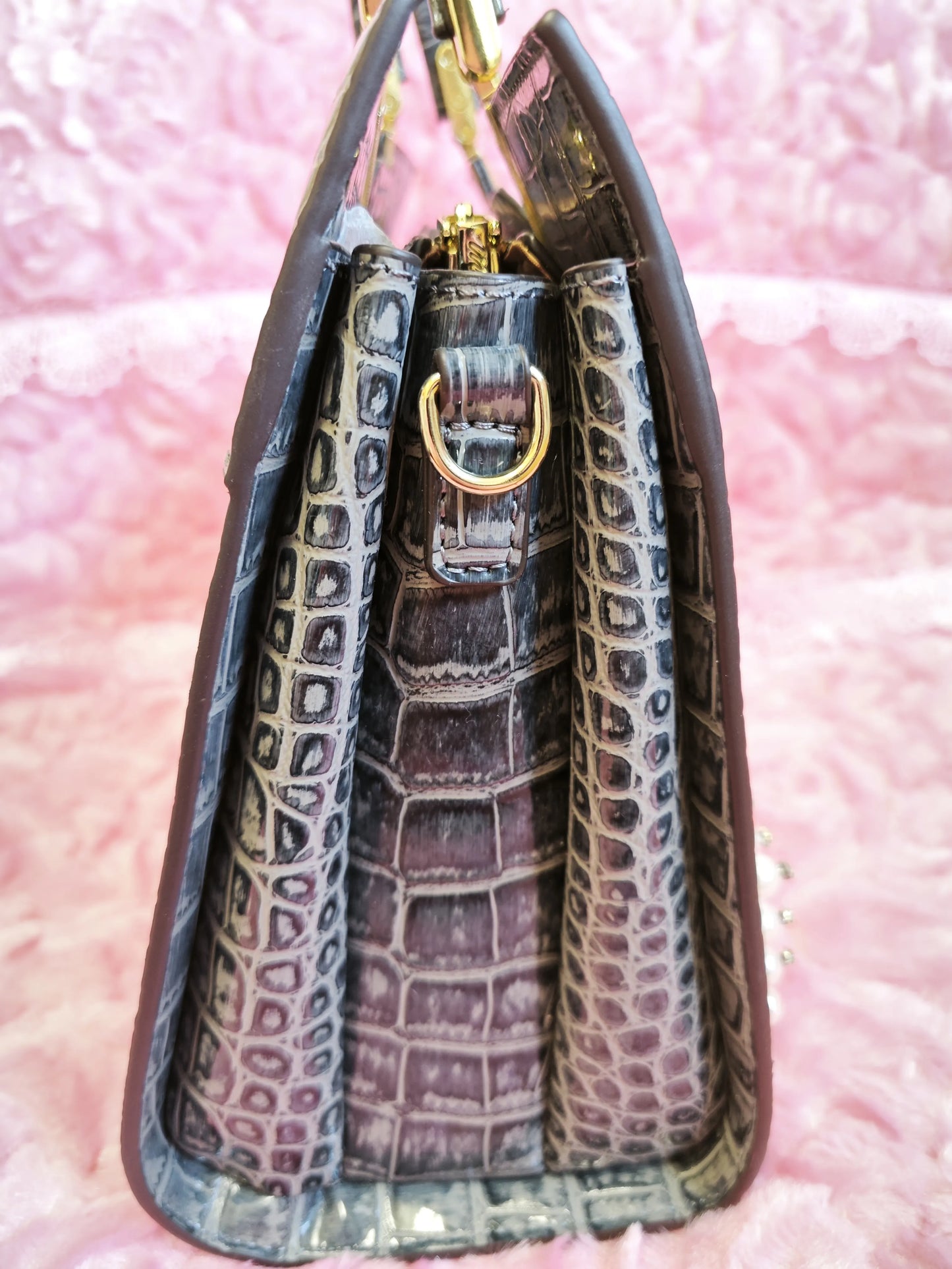 Ink-Grey Croc Gilded Pearl-Crystal Bag (M07)