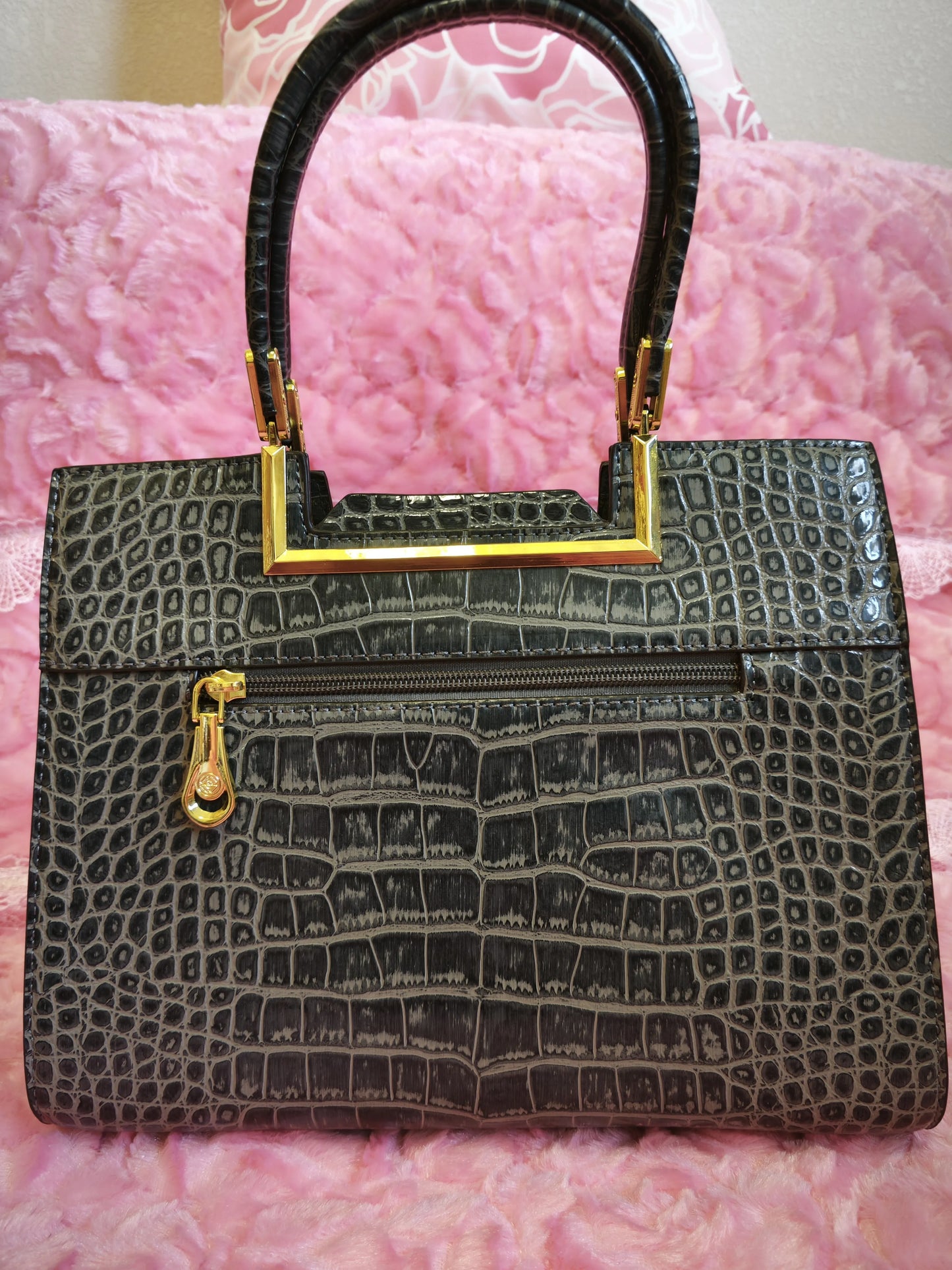 Ink-Grey Croc Gilded Pearl-Crystal Bag (M07)