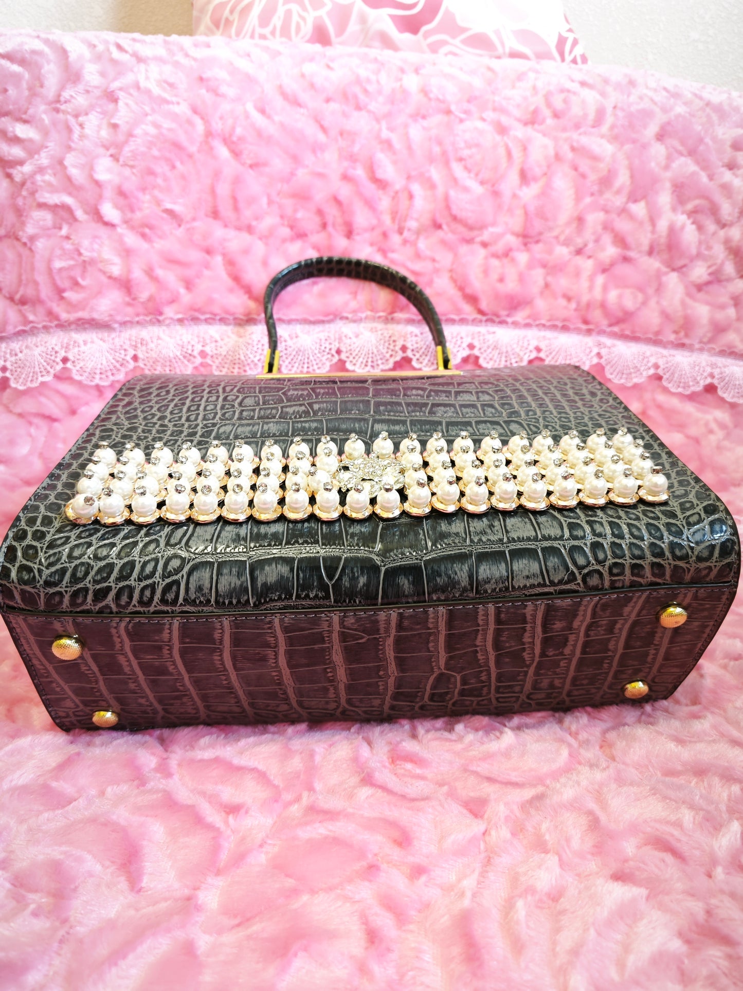Black Croc Gilded Pearl-Crystal Bag