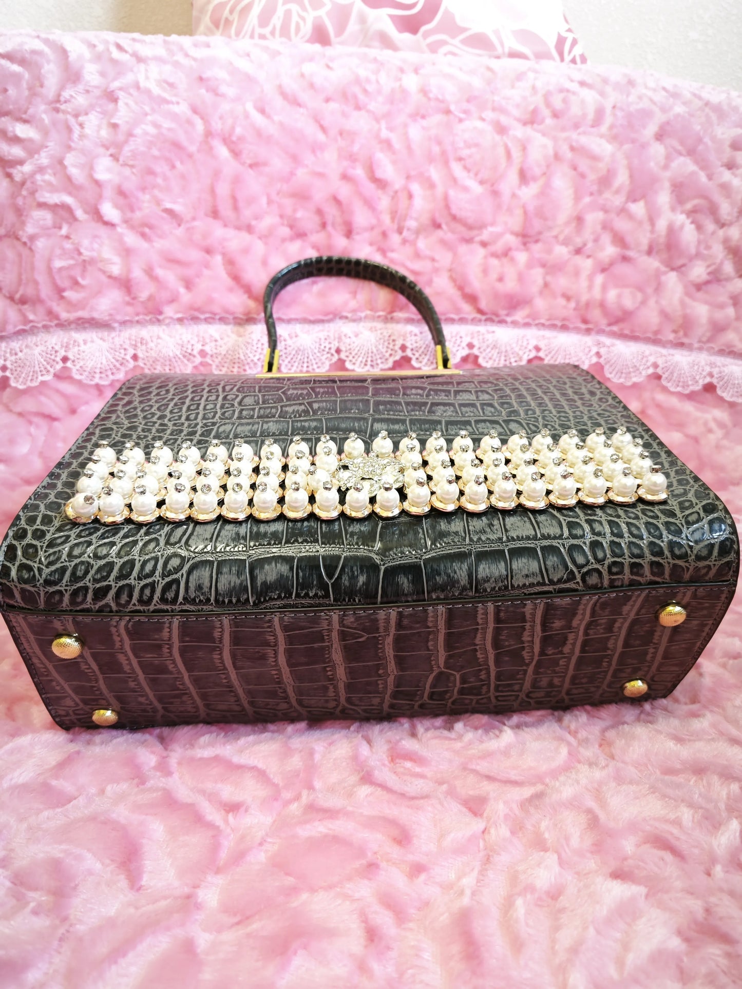 Ink-Grey Croc Gilded Pearl-Crystal Bag (M07)