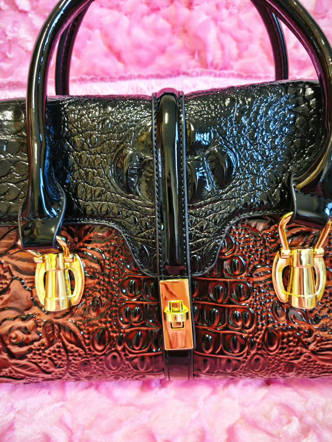 Black-Rich Brown Croc Luxury Gilded Bag
