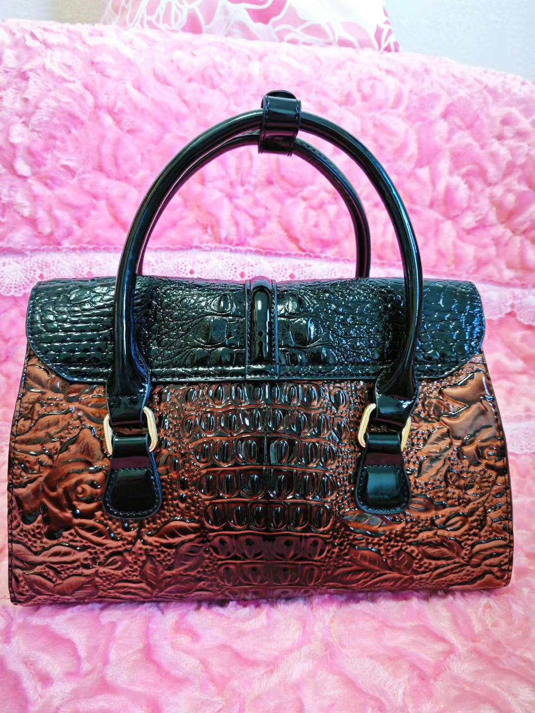 Black-Rich Brown Croc Luxury Gilded Bag