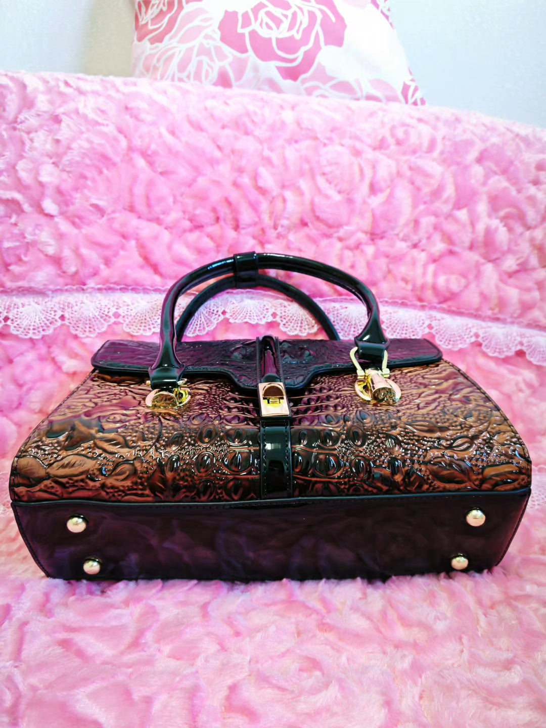 Black-Rich Brown Croc Luxury Gilded Bag