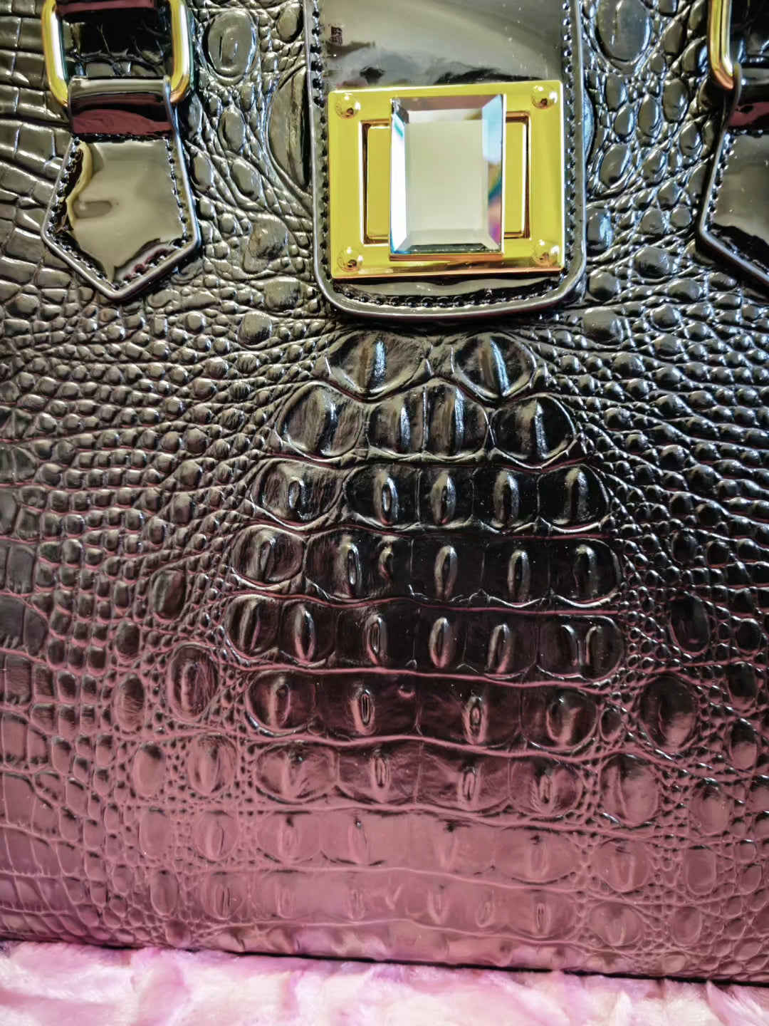 Glossy Black Croc Luxury Gilded Lock Bag