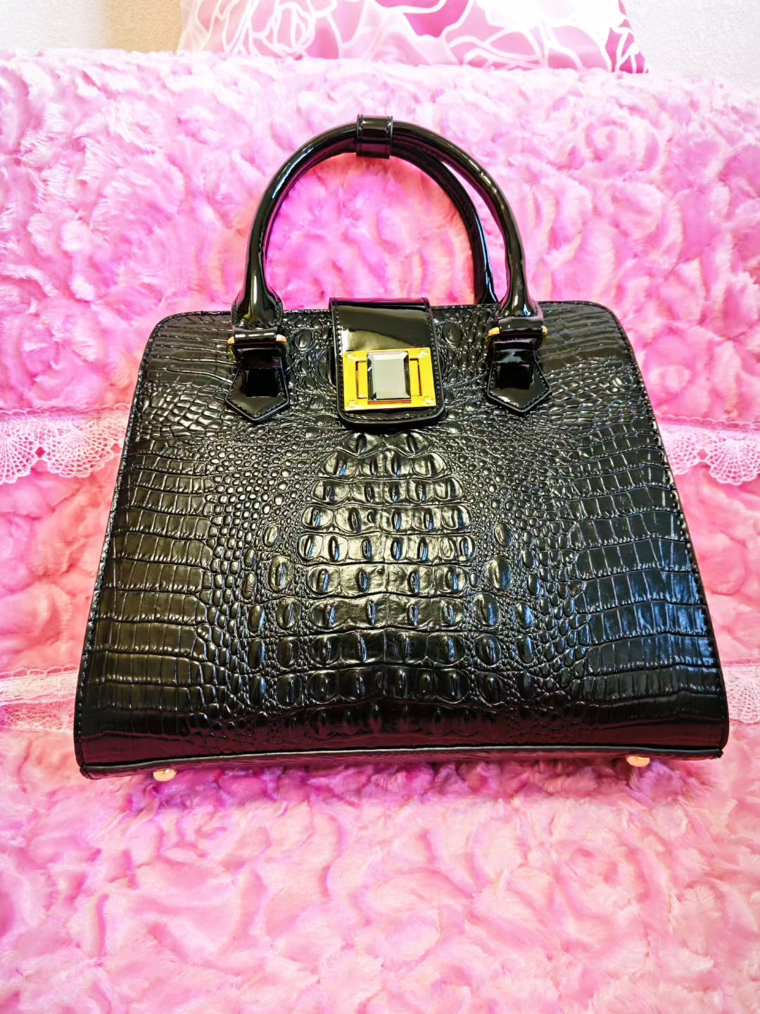 Glossy Black Croc Luxury Gilded Lock Bag
