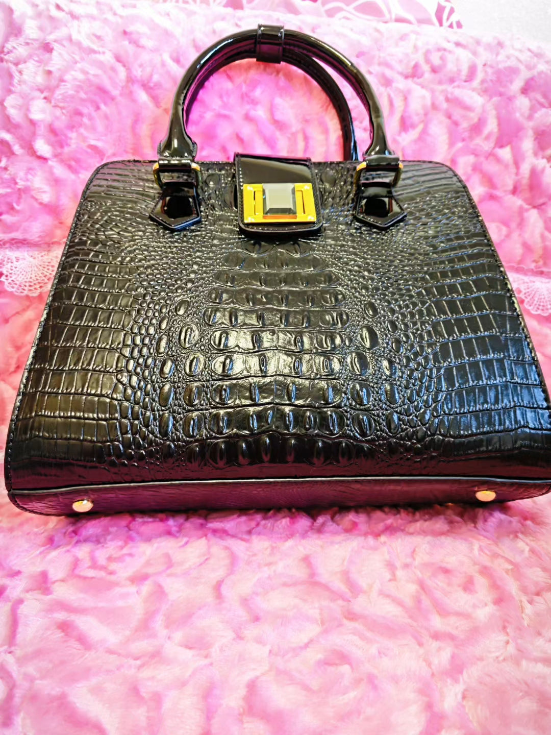 Glossy Black Croc Luxury Gilded Lock Bag