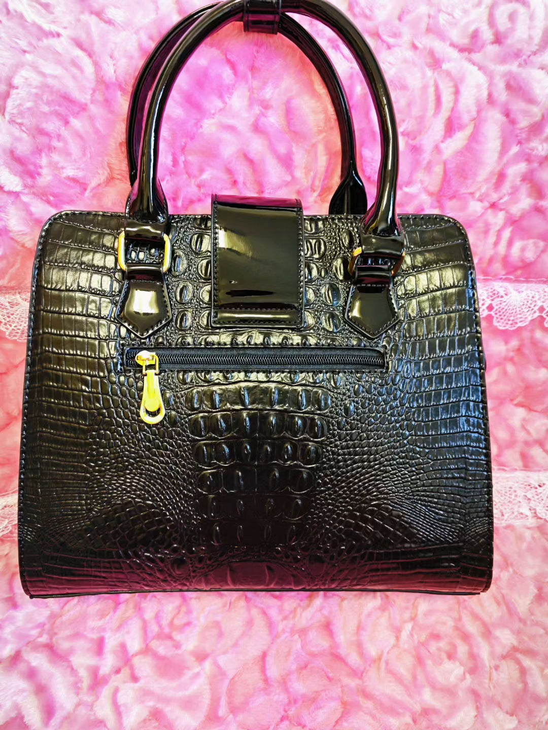 Glossy Black Croc Luxury Gilded Lock Bag