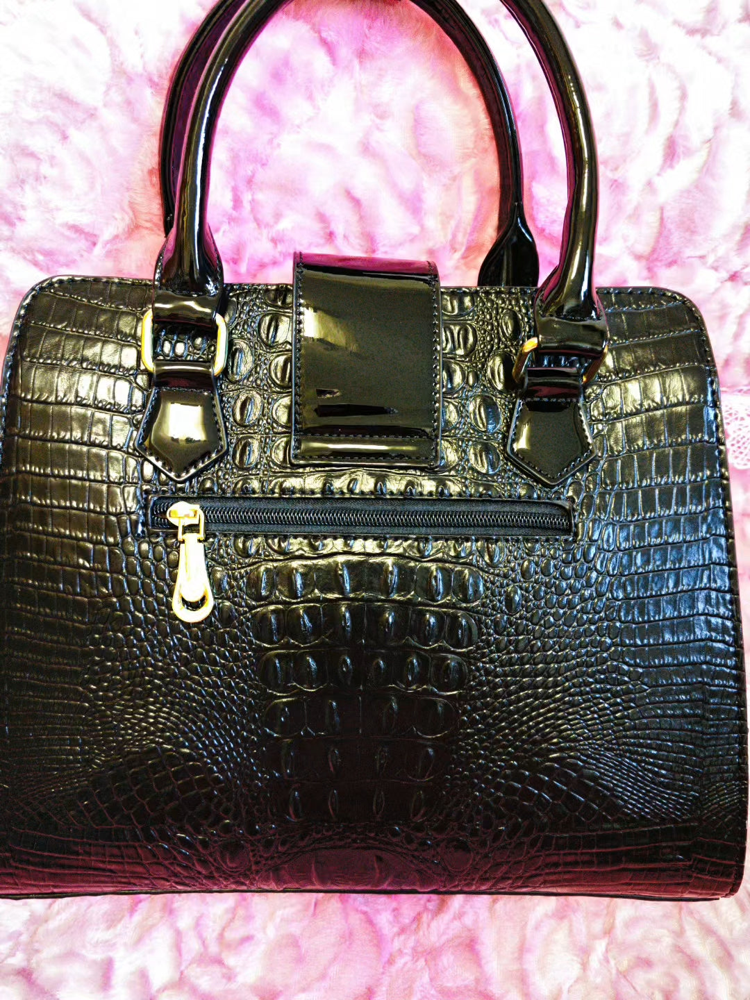 Glossy Black Croc Luxury Gilded Lock Bag