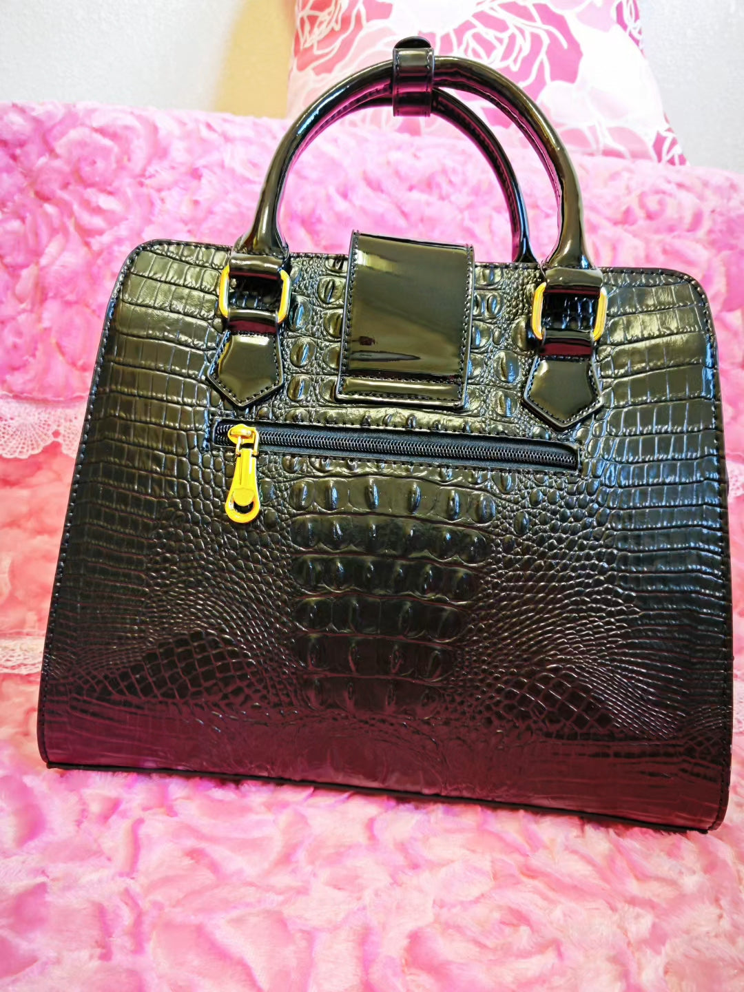 Glossy Black Croc Luxury Gilded Lock Bag