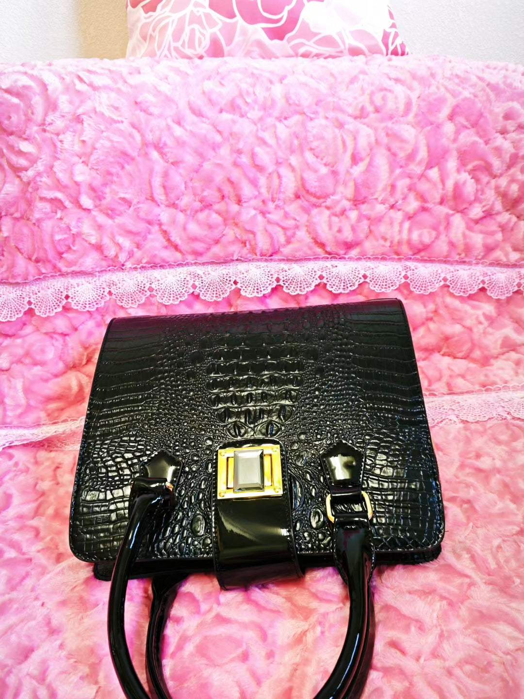 Glossy Black Croc Luxury Gilded Lock Bag