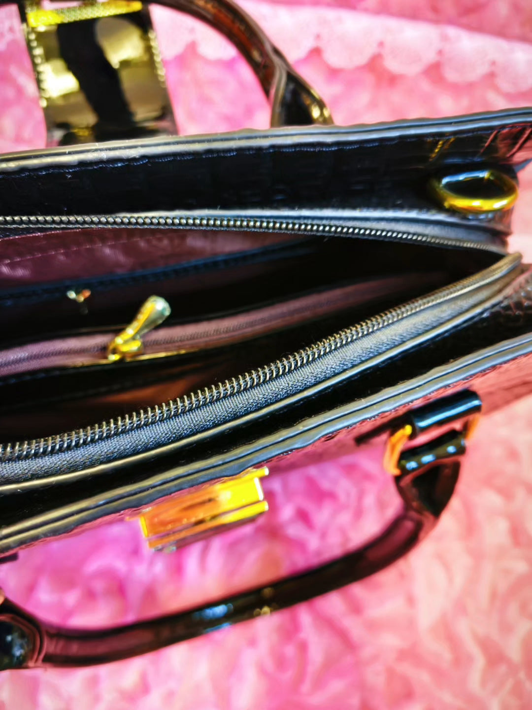 Glossy Black Croc Luxury Gilded Lock Bag