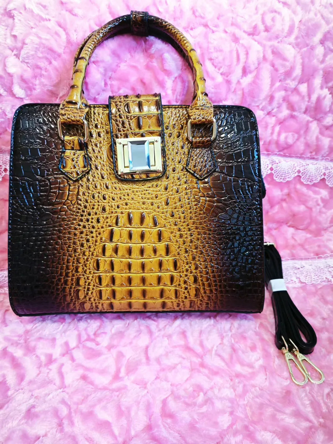 Golden Brown Crocodile Embossed Commute Bag (M10)