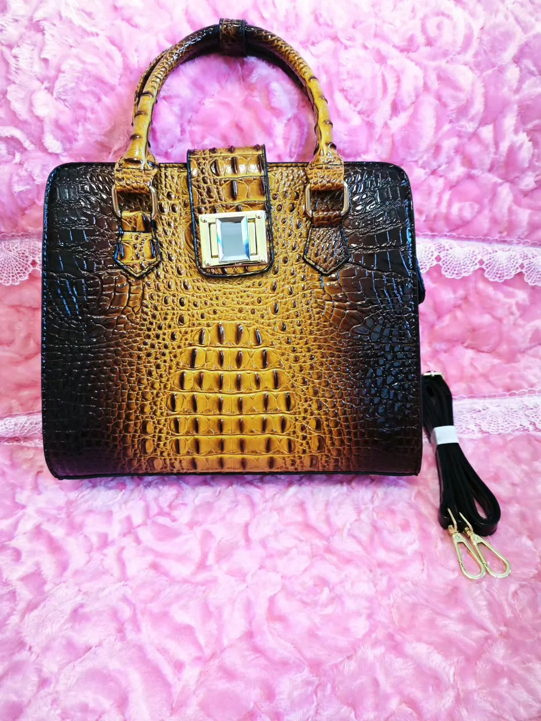 Golden Brown Crocodile Embossed Commute Bag (M10)
