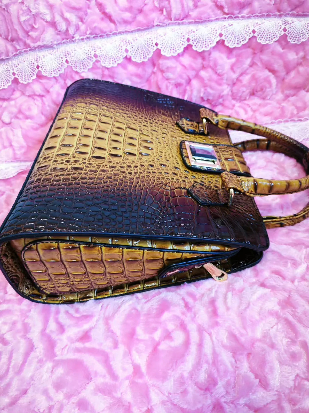 Golden Brown Crocodile Embossed Commute Bag (M10)