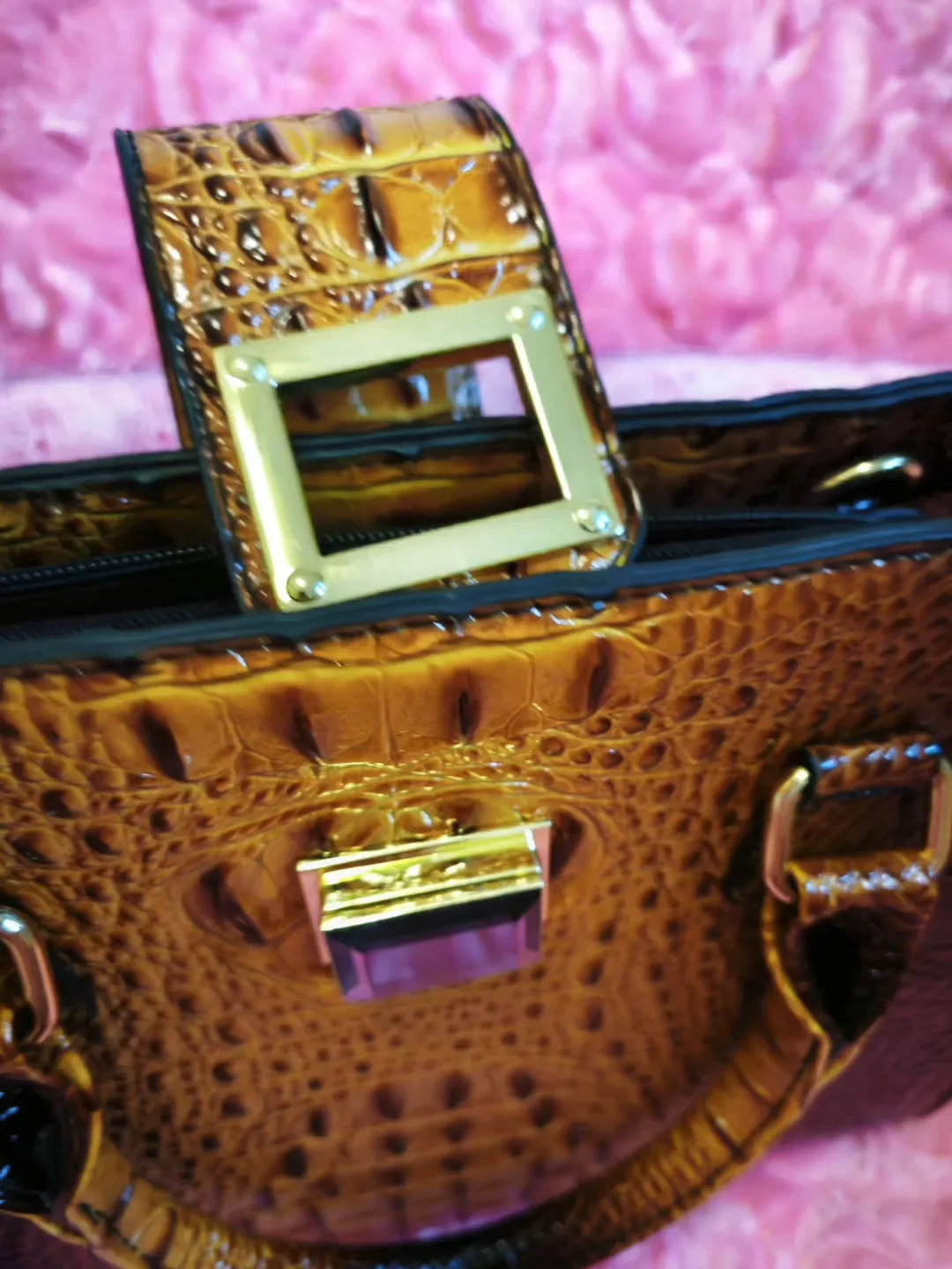 Golden Brown Crocodile Embossed Commute Bag (M10)