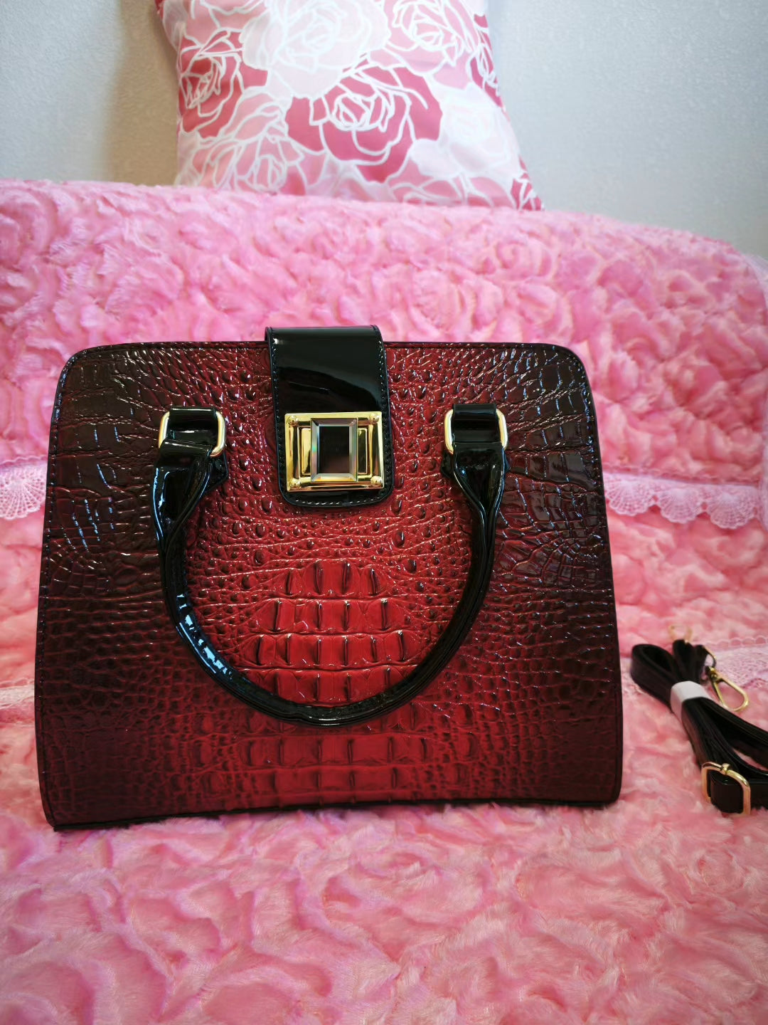 Burgundy-Black Gradient Croc Luxury Handbag