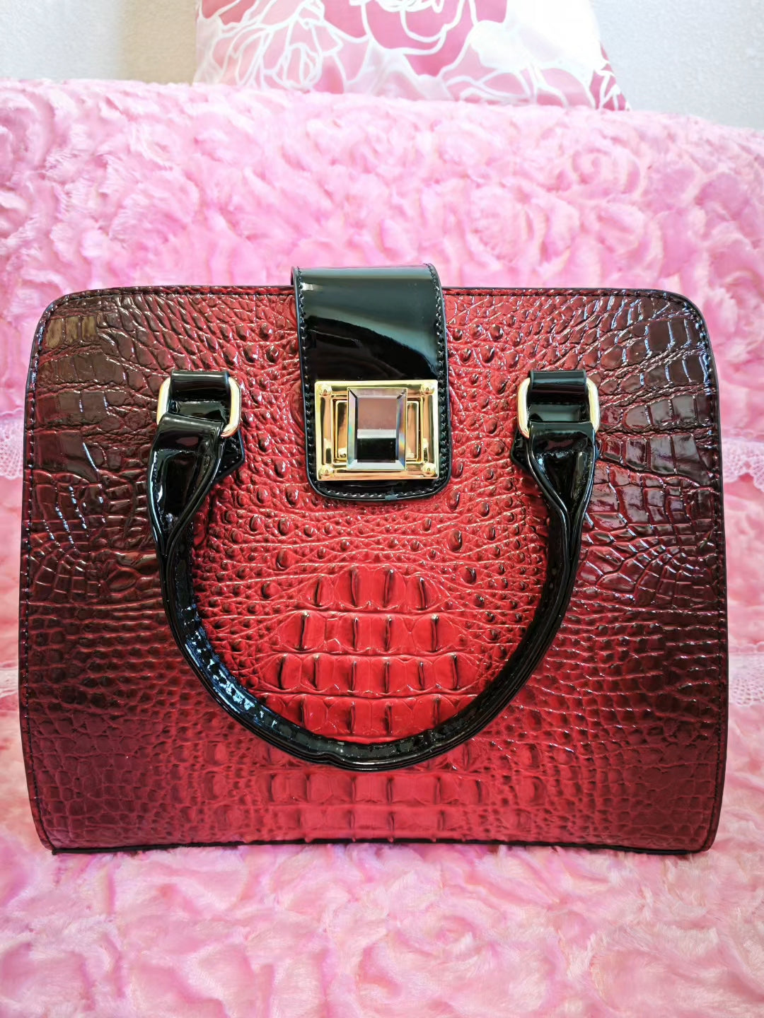 Burgundy-Black Gradient Croc Luxury Handbag