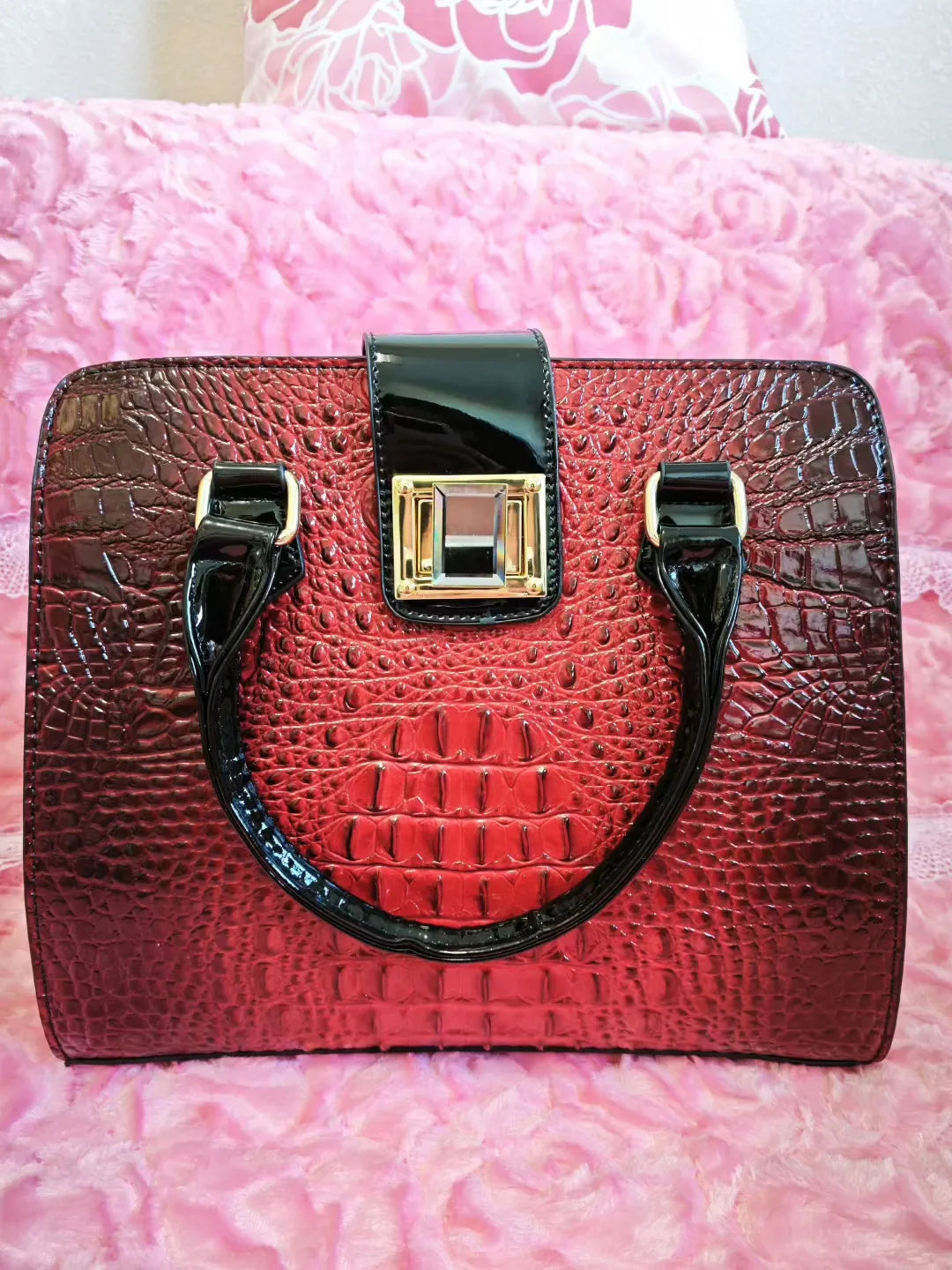 Burgundy-Black Gradient Crocodile Embossed Commute Bag (M12)