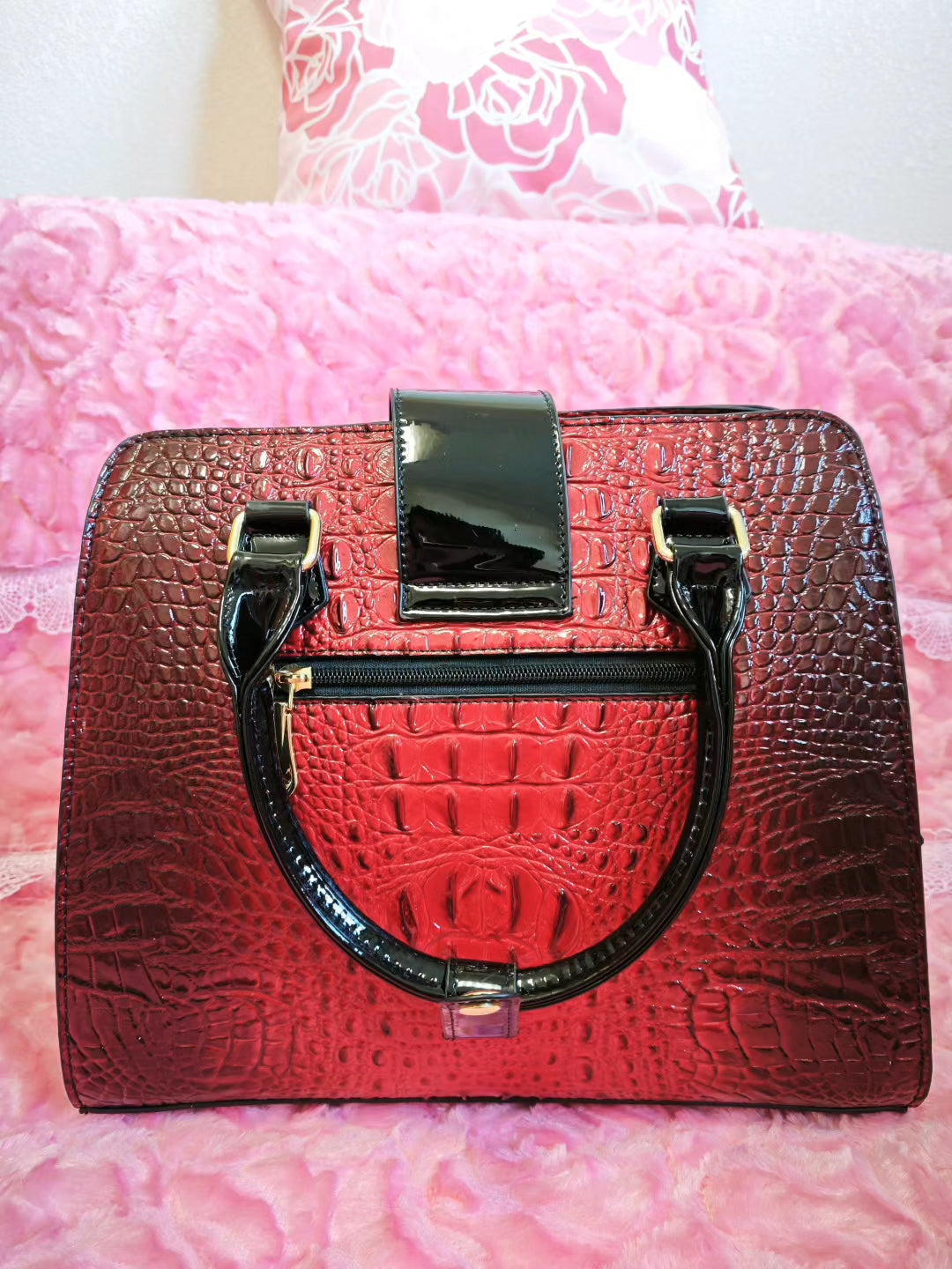 Burgundy-Black Gradient Croc Luxury Handbag