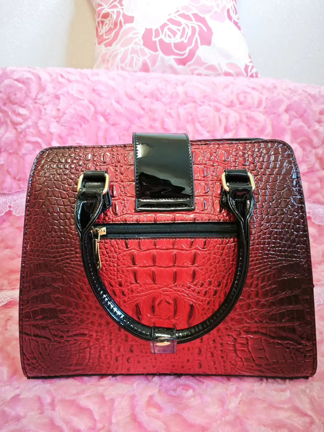 Burgundy-Black Gradient Crocodile Embossed Commute Bag (M12)