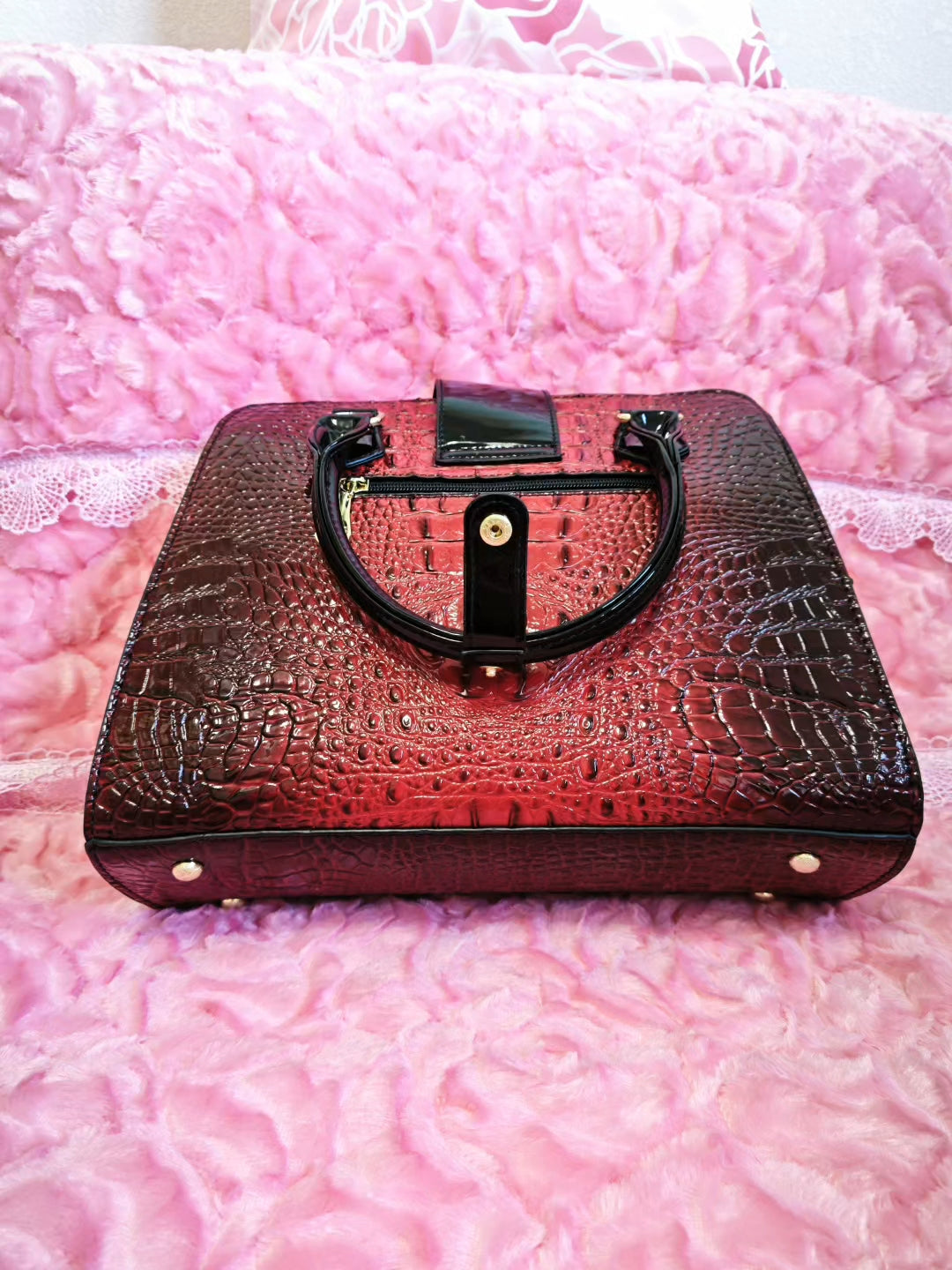 Burgundy-Black Gradient Croc Luxury Handbag