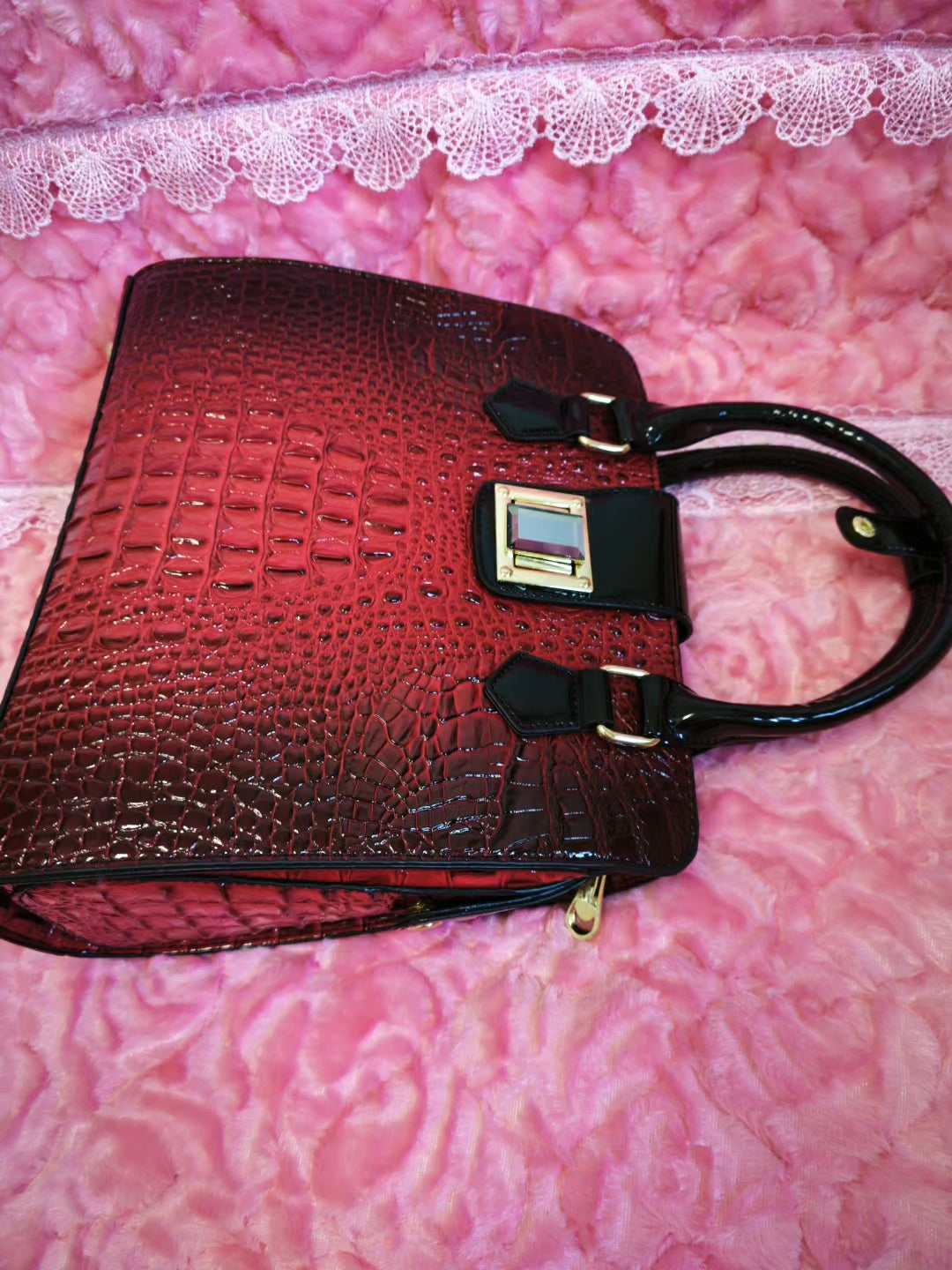 Burgundy-Black Gradient Croc Luxury Handbag