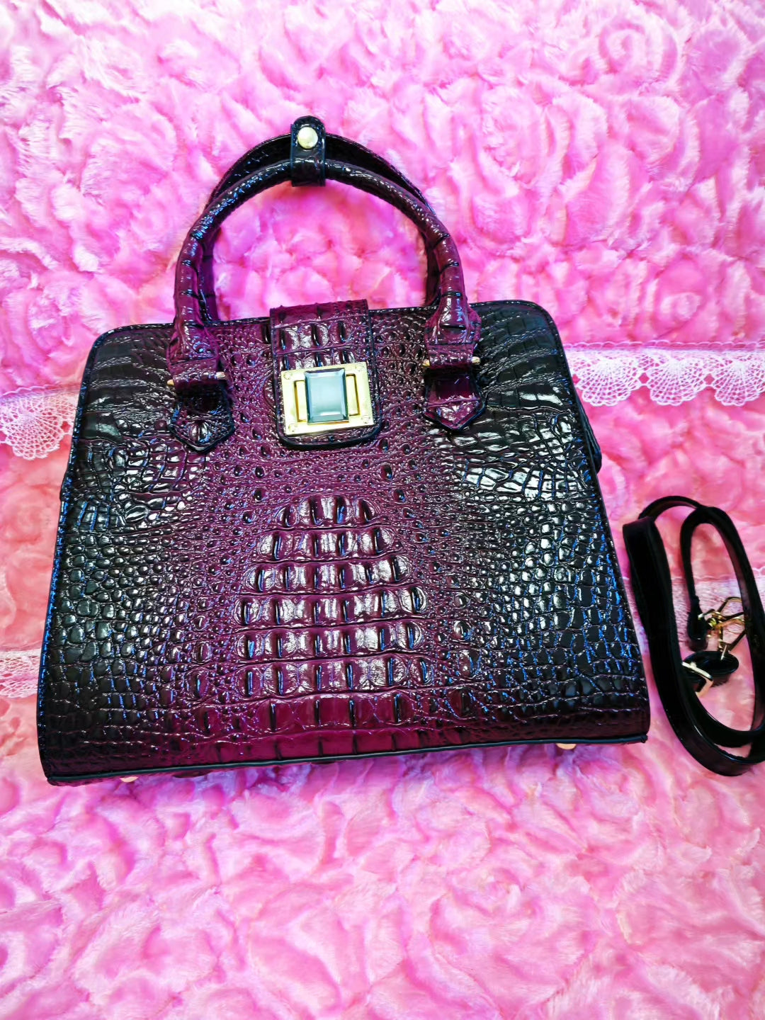 Plum-Black Gradient Croc Luxury Handbag