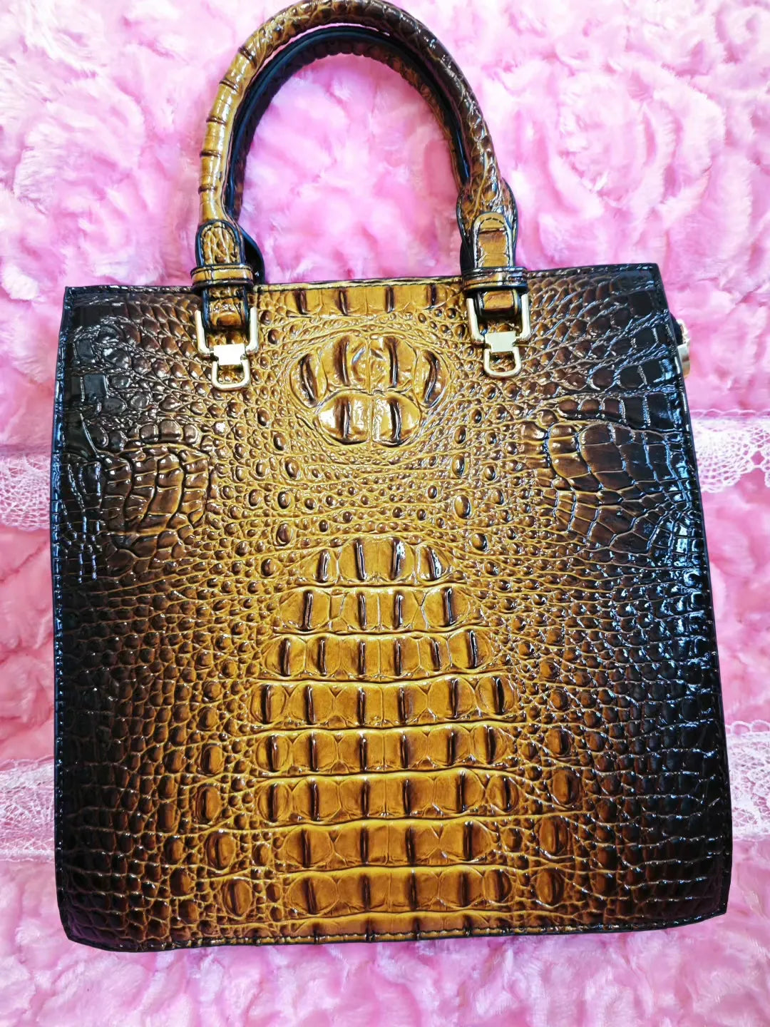 Golden Brown Gradient Crocodile Embossed Square Bag (M14)