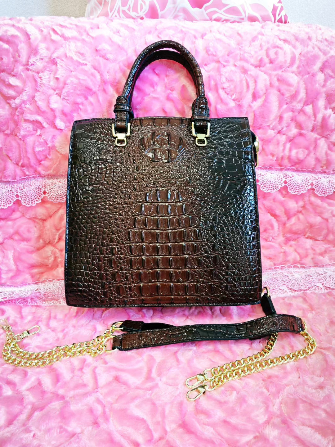 Dark Brown Croc-Embossed Luxury Convertible Bag