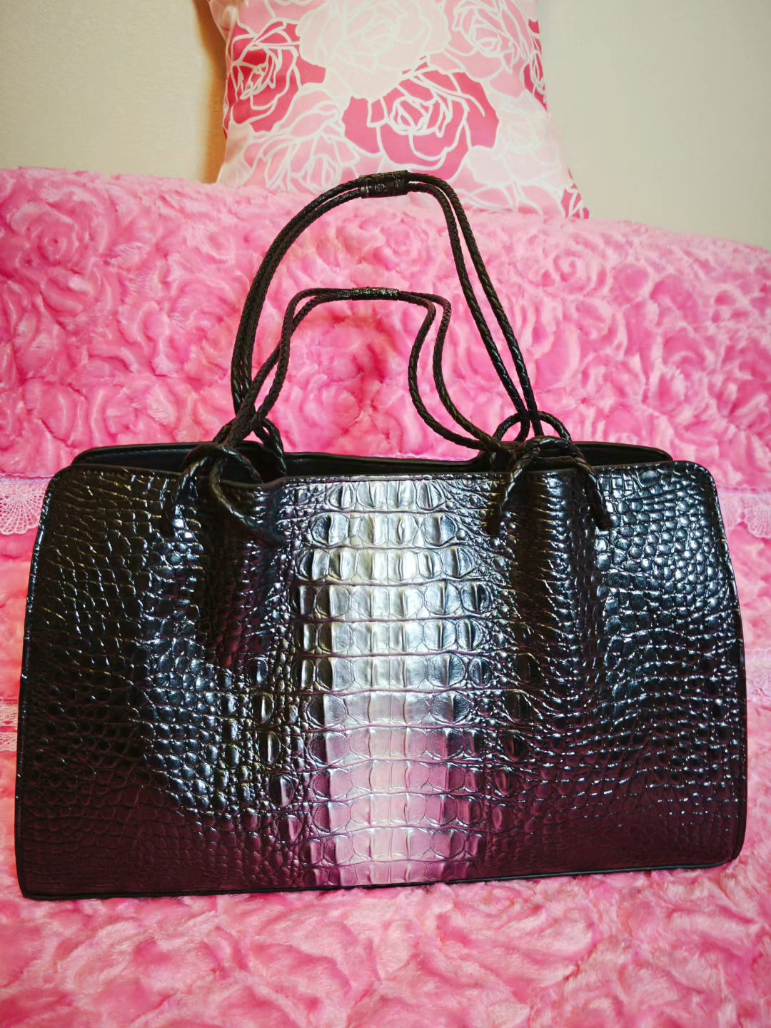 Black-Silver Croc Luxury Tote Bag