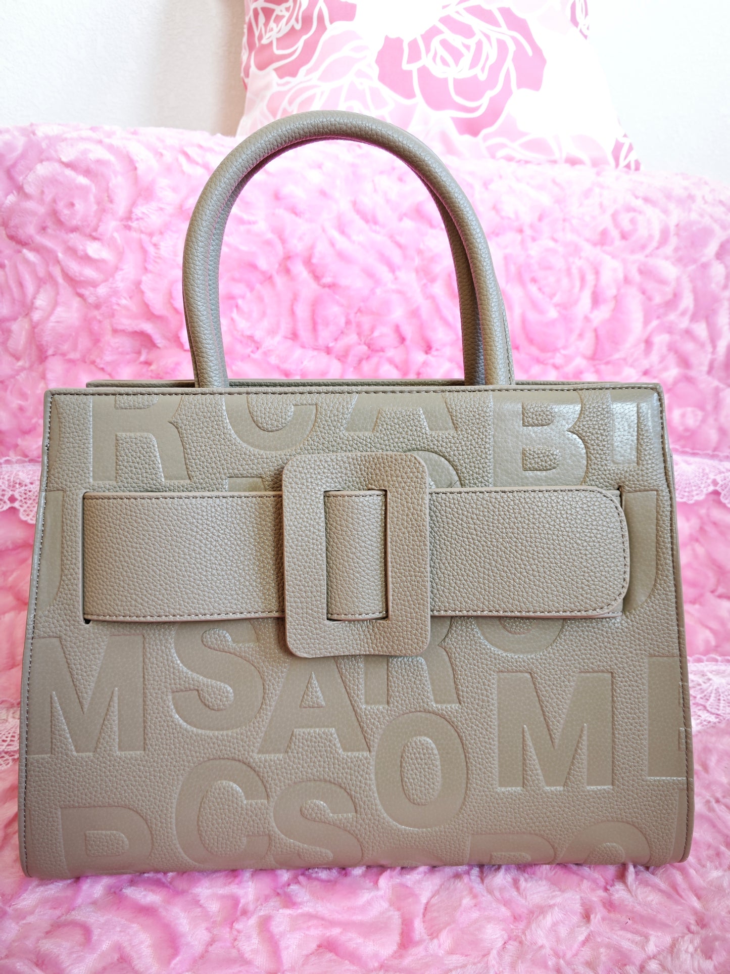 Light Beige Monogram Buckle Tote Bag