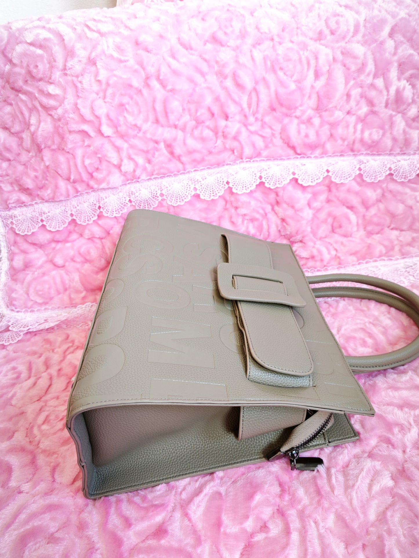 Light Beige Monogram Buckle Tote Bag