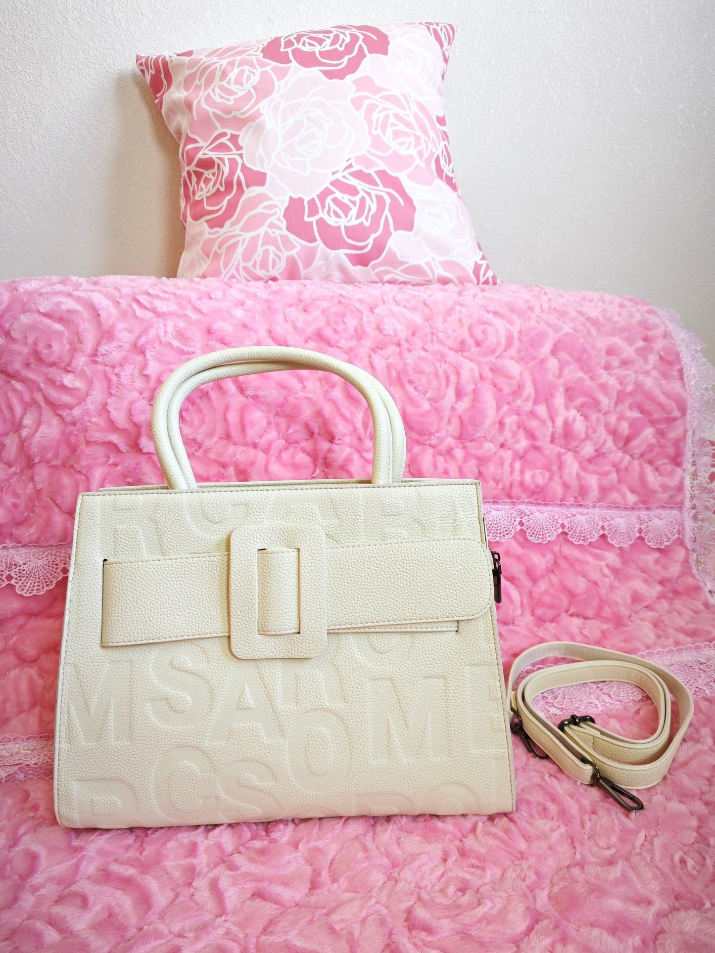 Cream Monogram Buckle Tote Bag