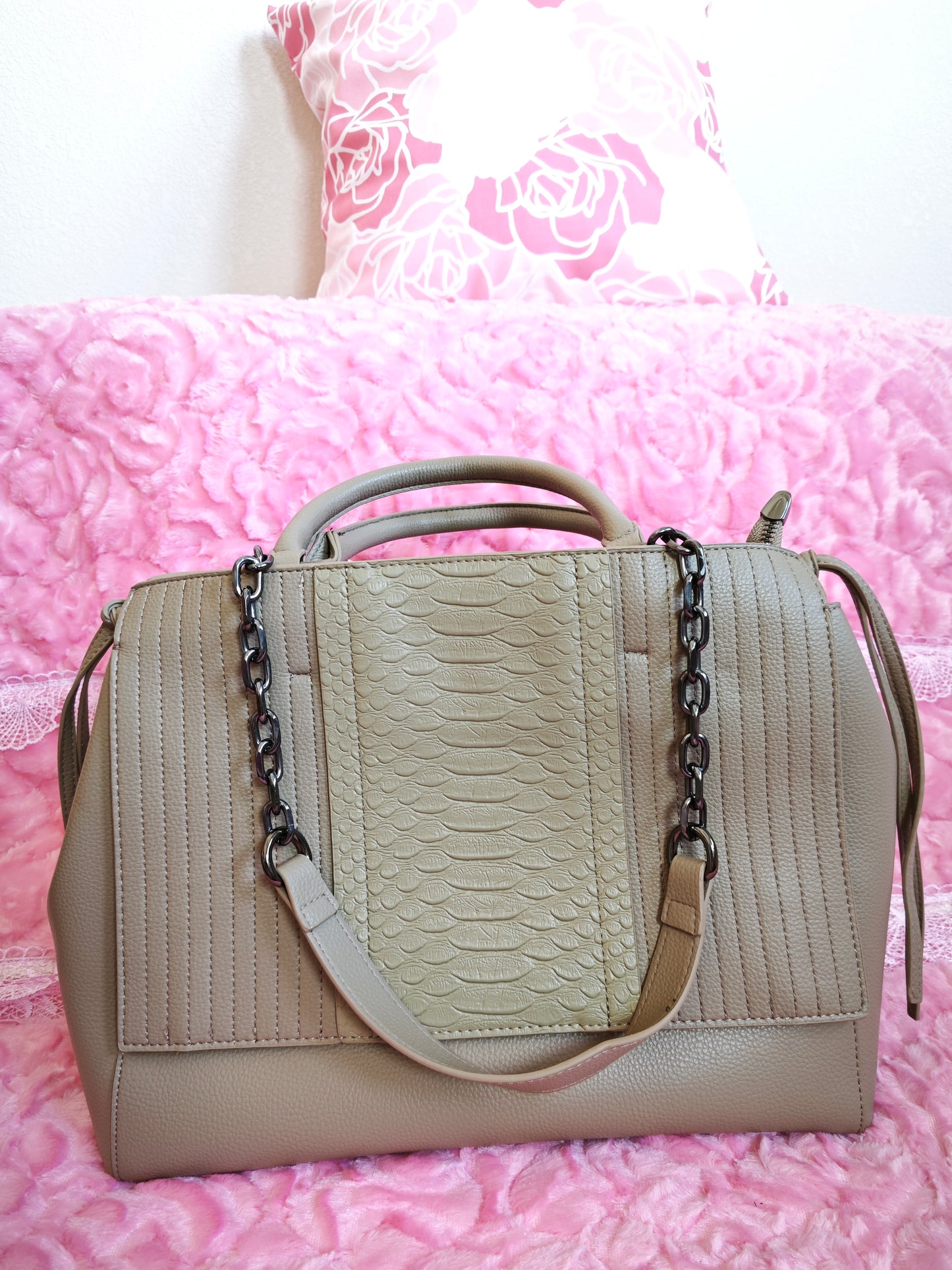 Light Brown Crocodile-Print Panel Tote Bag