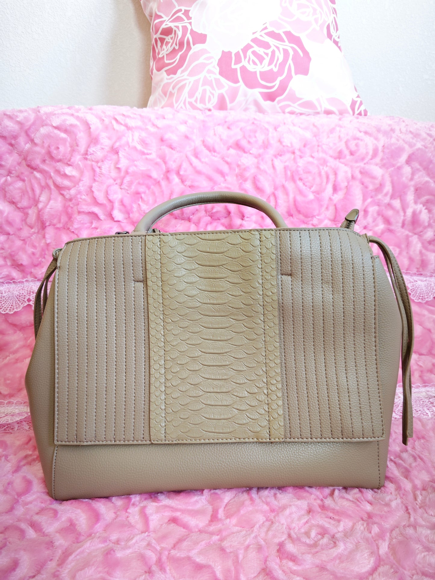 Light Brown Crocodile-Print Panel Tote Bag