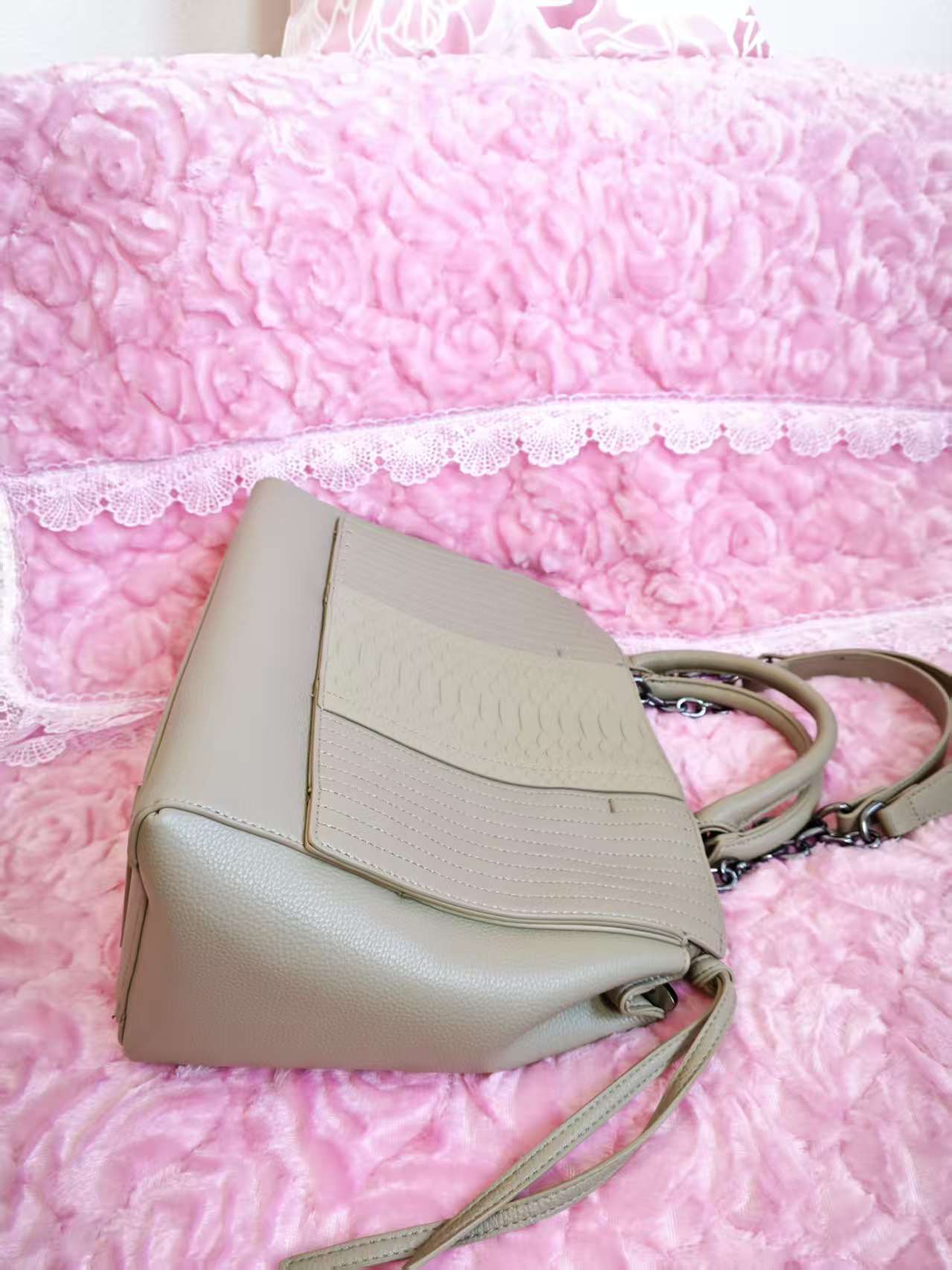 Light Brown Crocodile-Print Panel Tote Bag