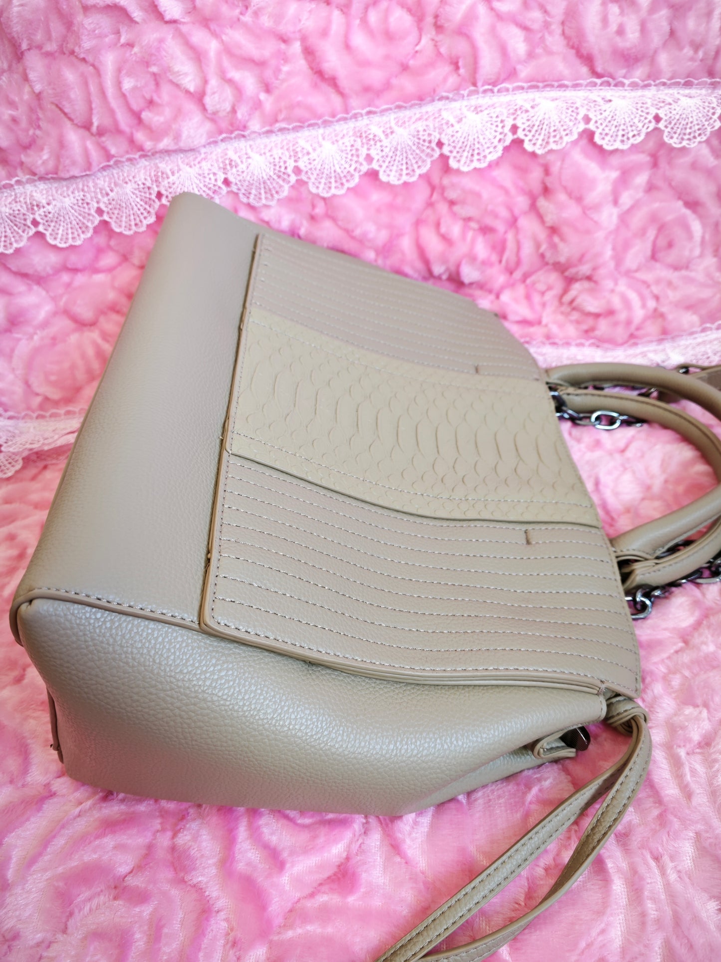 Light Brown Crocodile-Print Panel Tote Bag