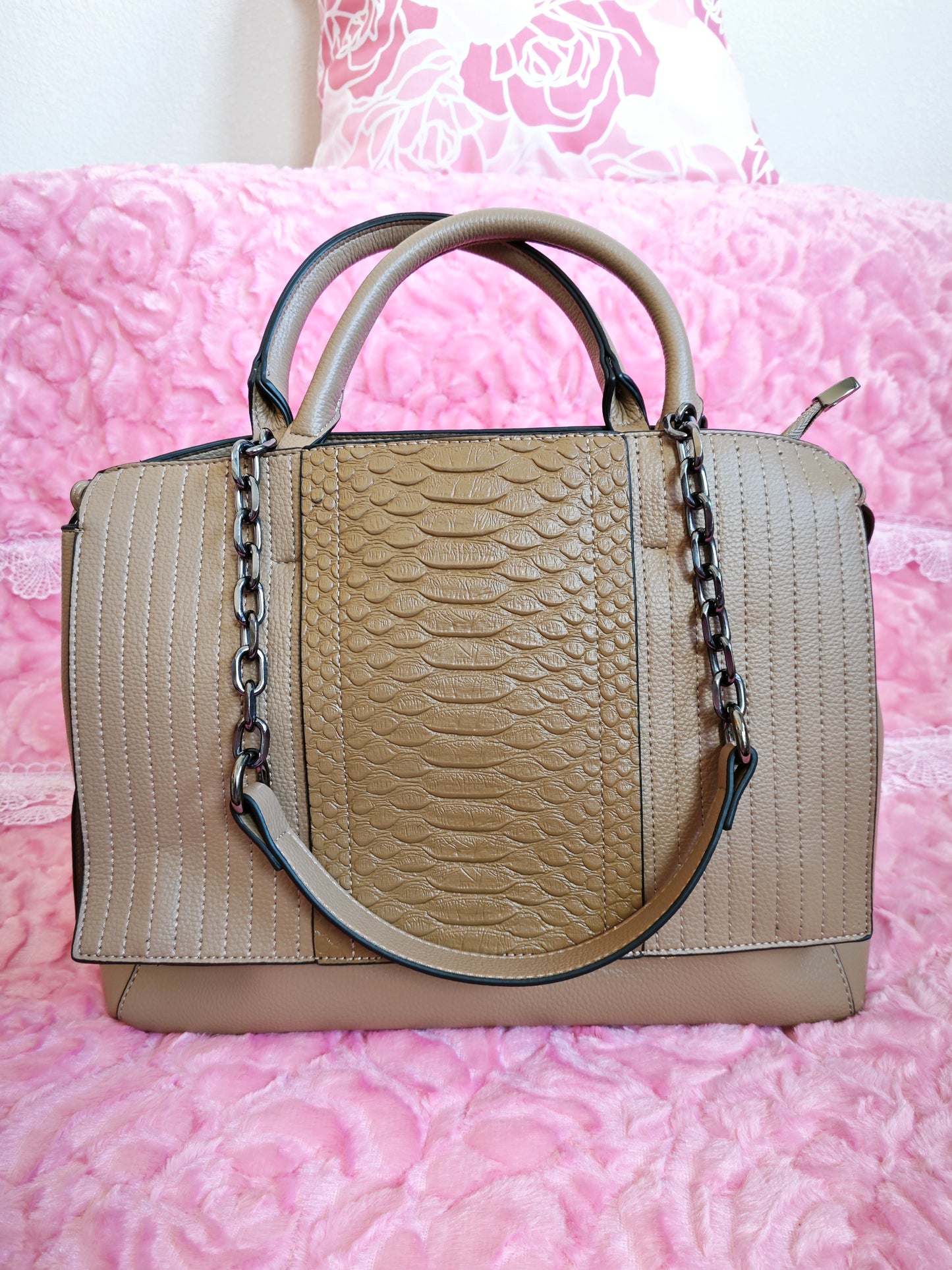 Light Brown Crocodile-Print Panel Tote Bag