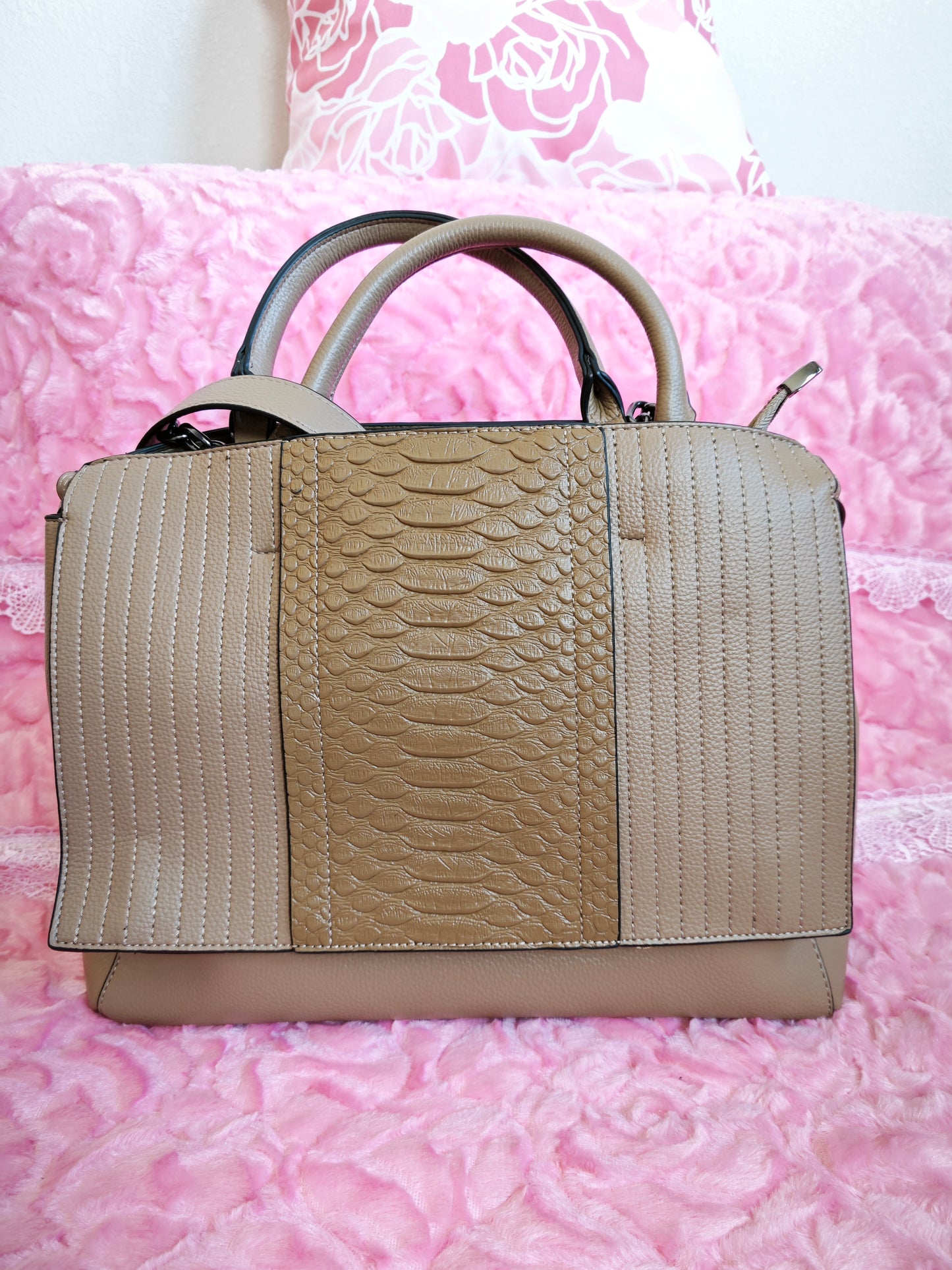 Light Brown Crocodile-Print Panel Tote Bag