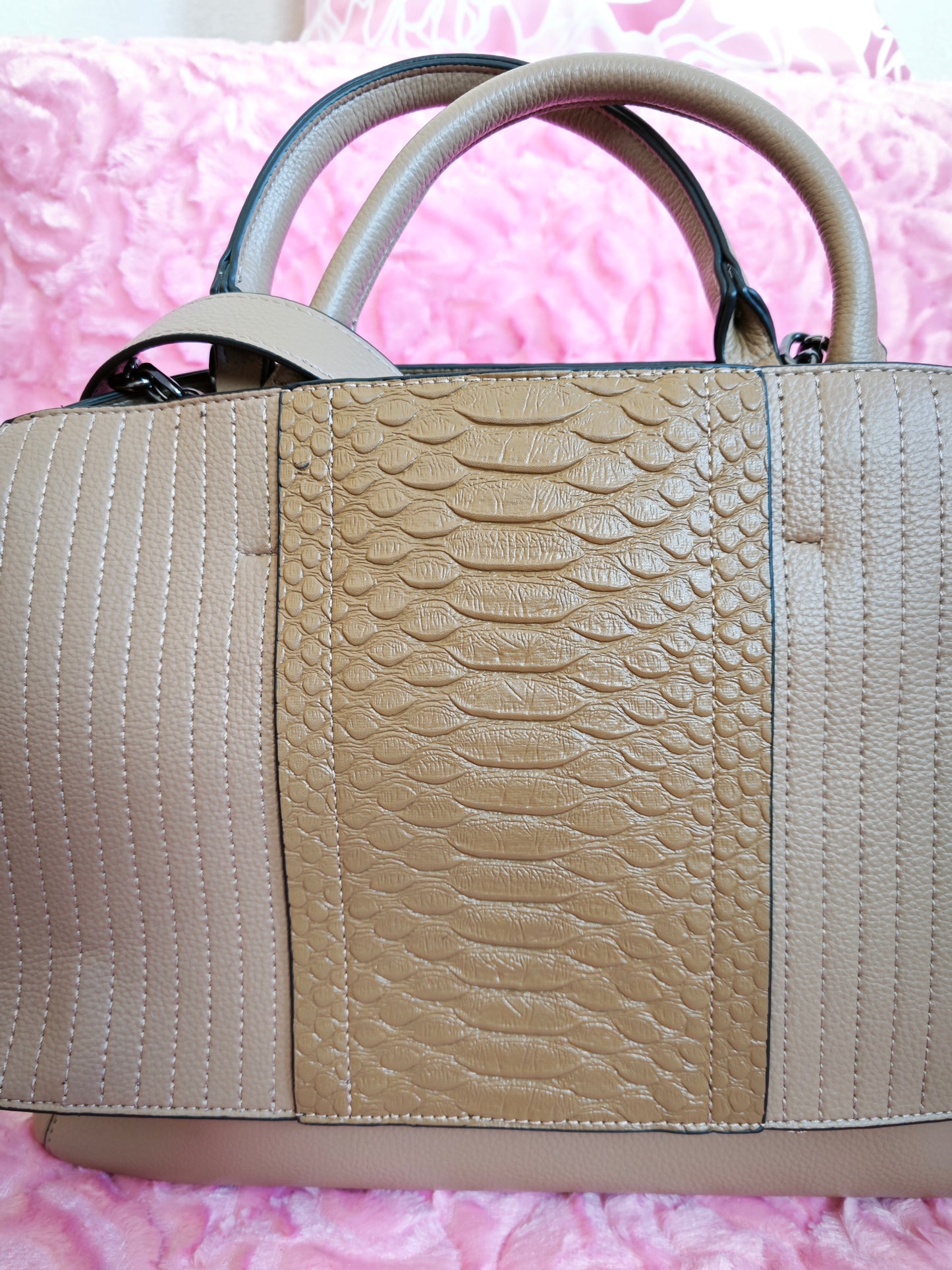 Light Brown Crocodile-Print Panel Tote Bag