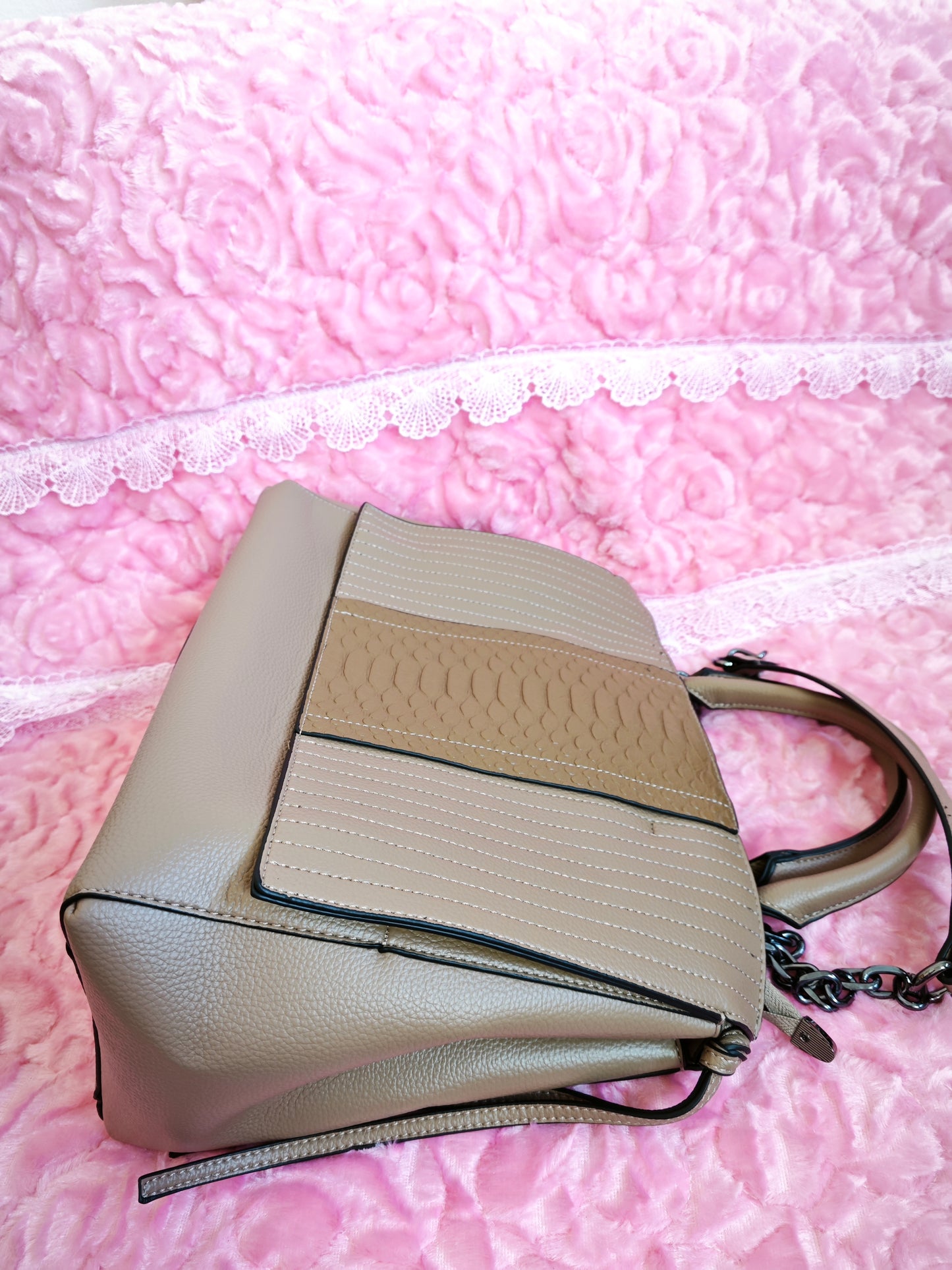 Light Brown Crocodile-Print Panel Tote Bag