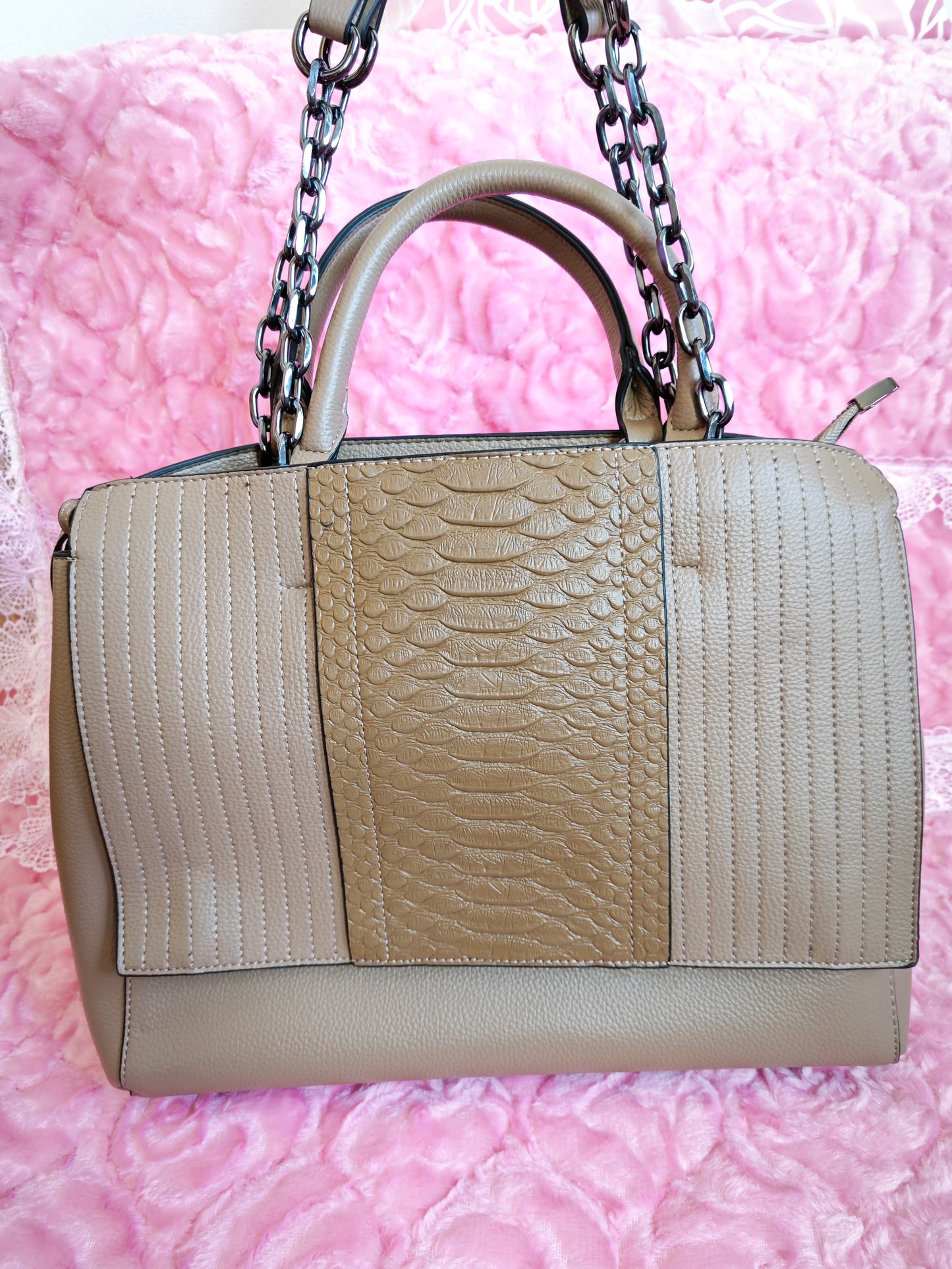 Light Brown Crocodile-Print Panel Tote Bag