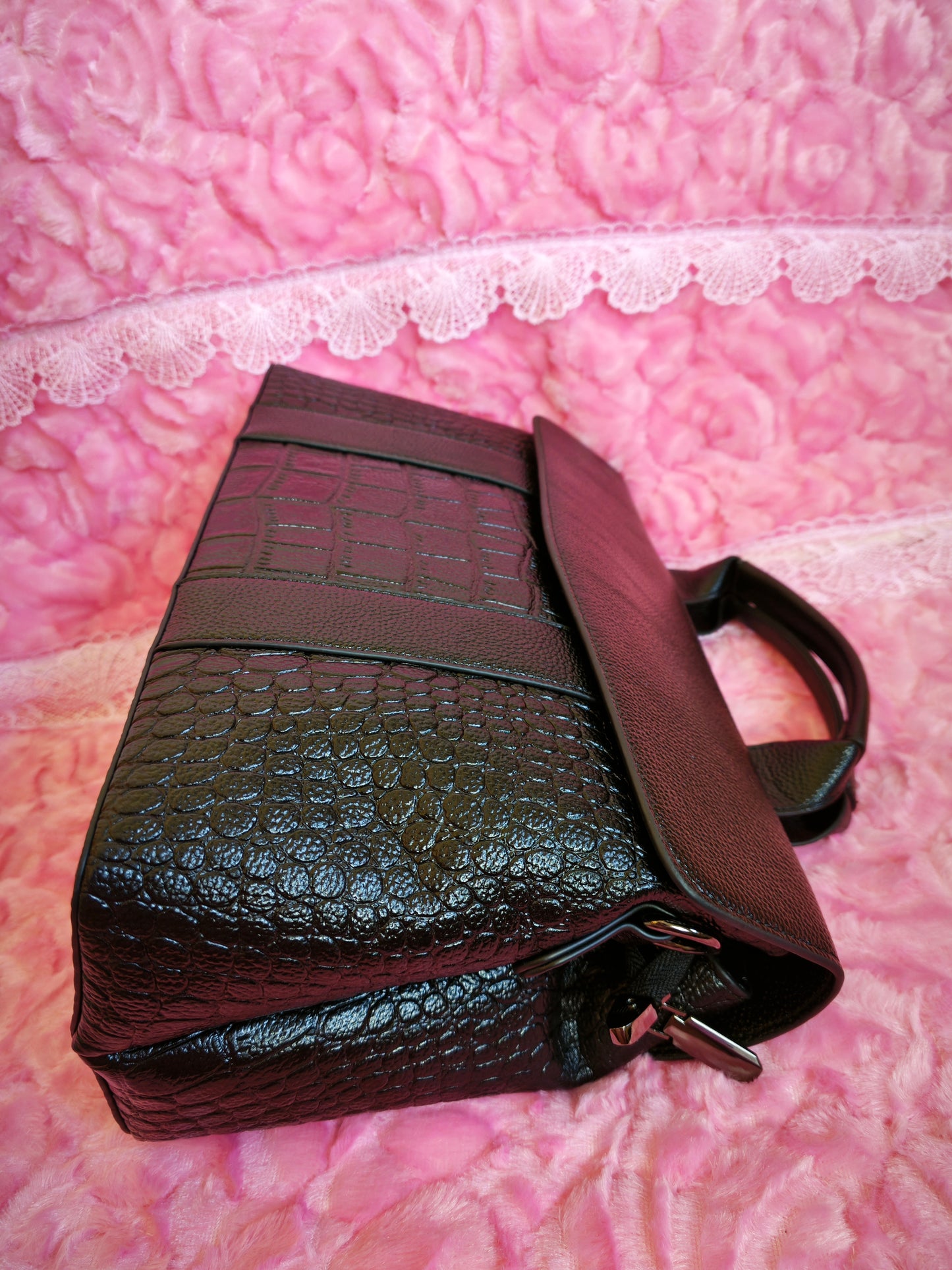 Black Crocodile-Print Tote Bag