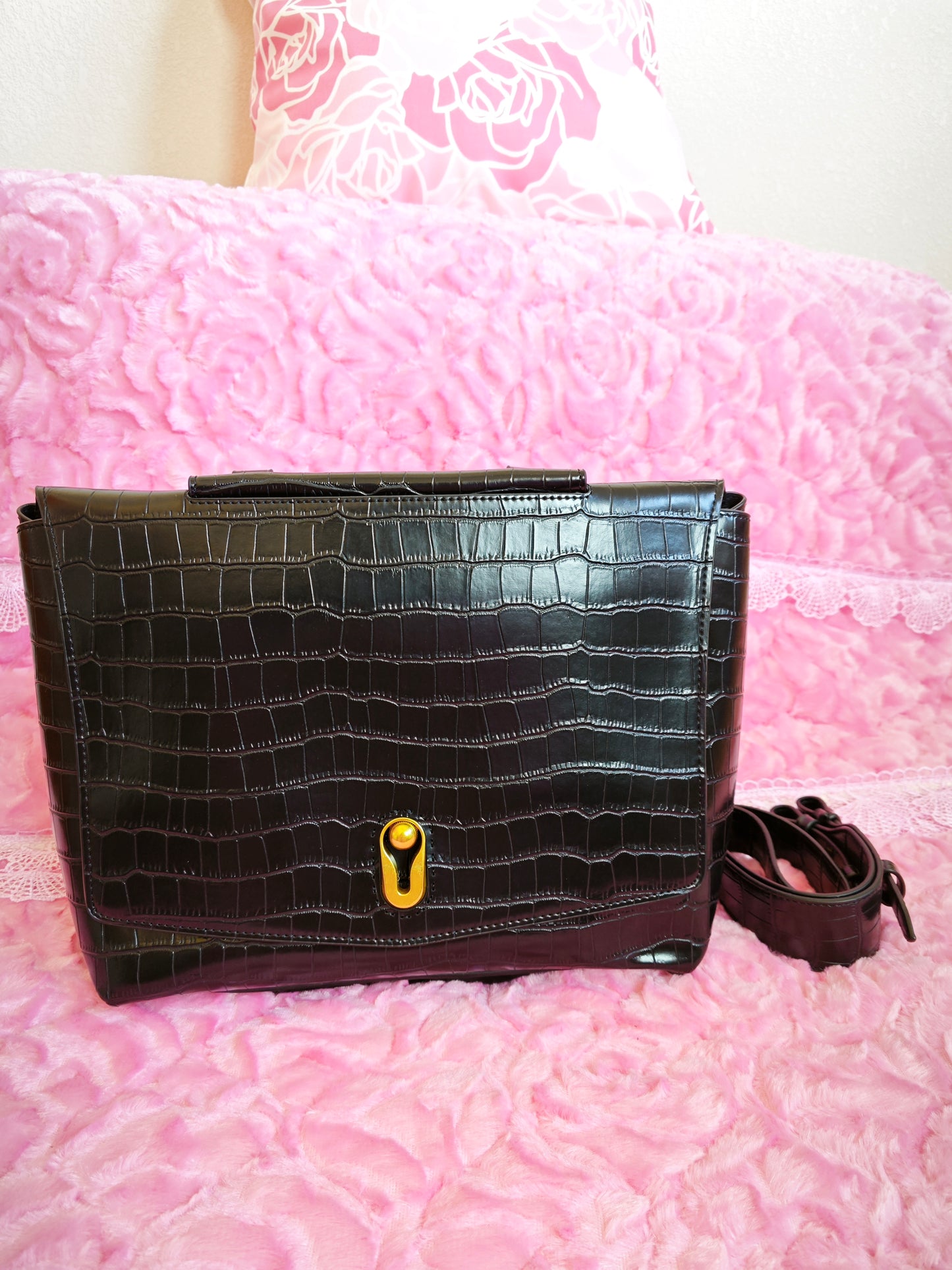 Black Crocodile-Print Crossbody Bag with Gold Buckle