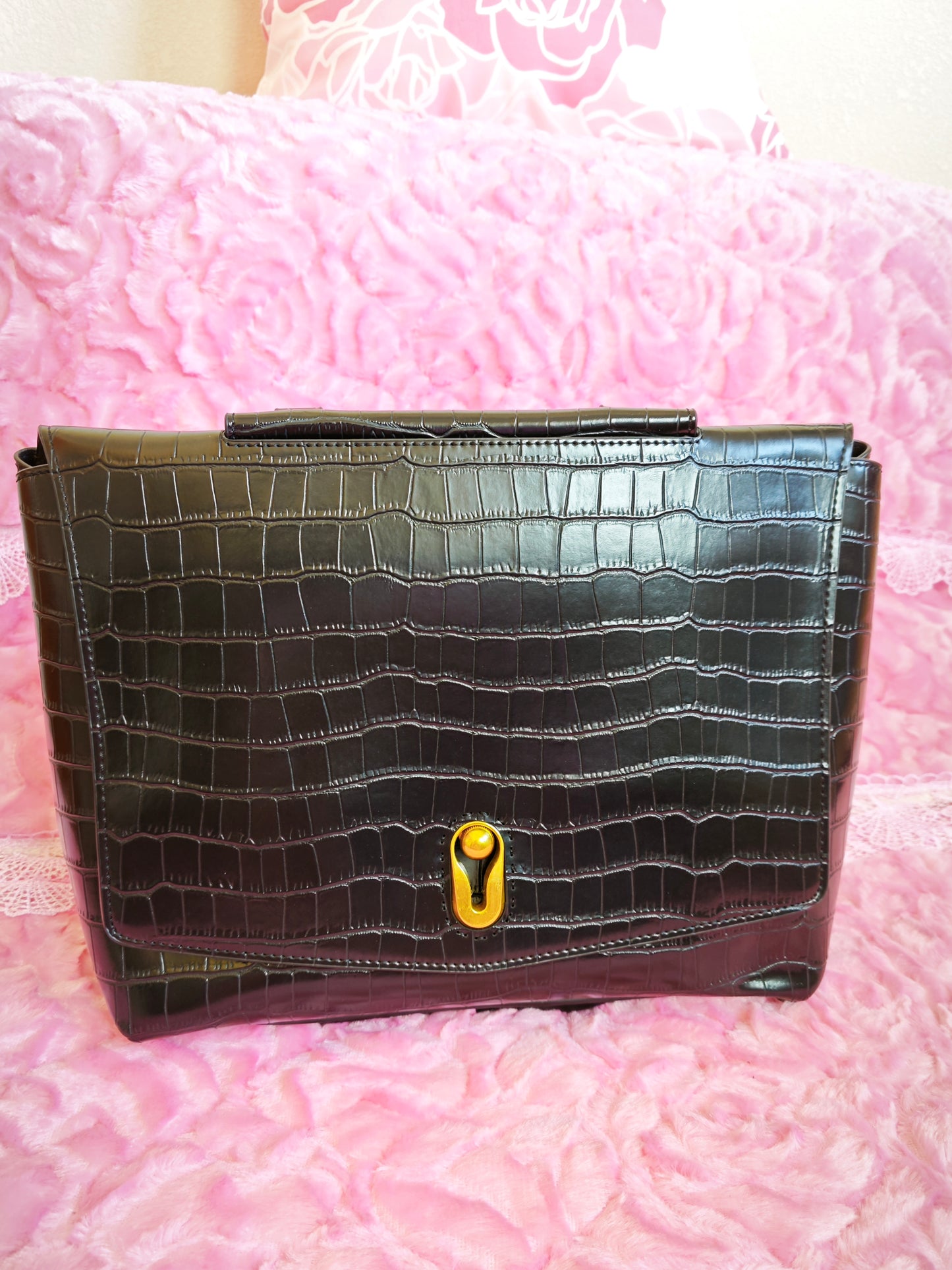 Black Crocodile-Print Crossbody Bag with Gold Buckle
