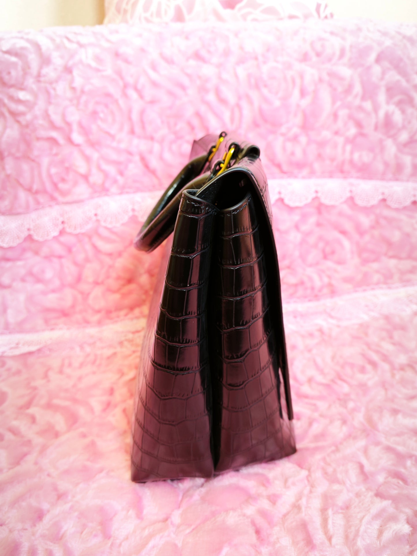 Black Crocodile-Print Crossbody Bag with Gold Buckle