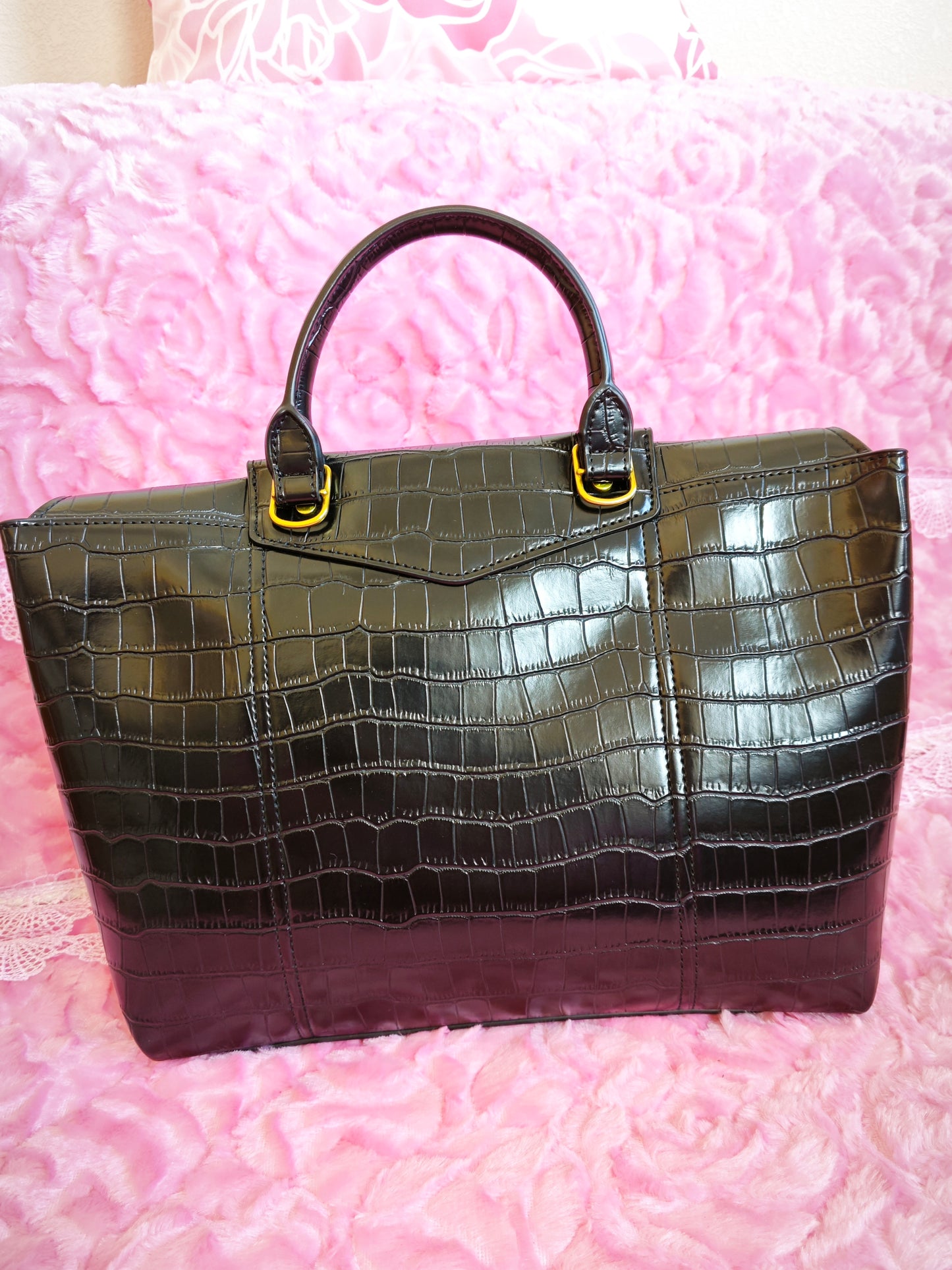 Black Crocodile-Print Crossbody Bag with Gold Buckle