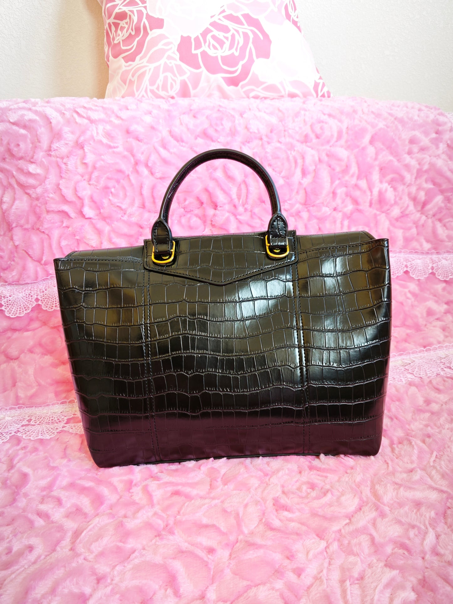 Black Crocodile-Print Crossbody Bag with Gold Buckle